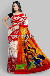 Red white goddess handpainted batik silk saree - mulberry pure ma durga sari red white batik saree painted 5