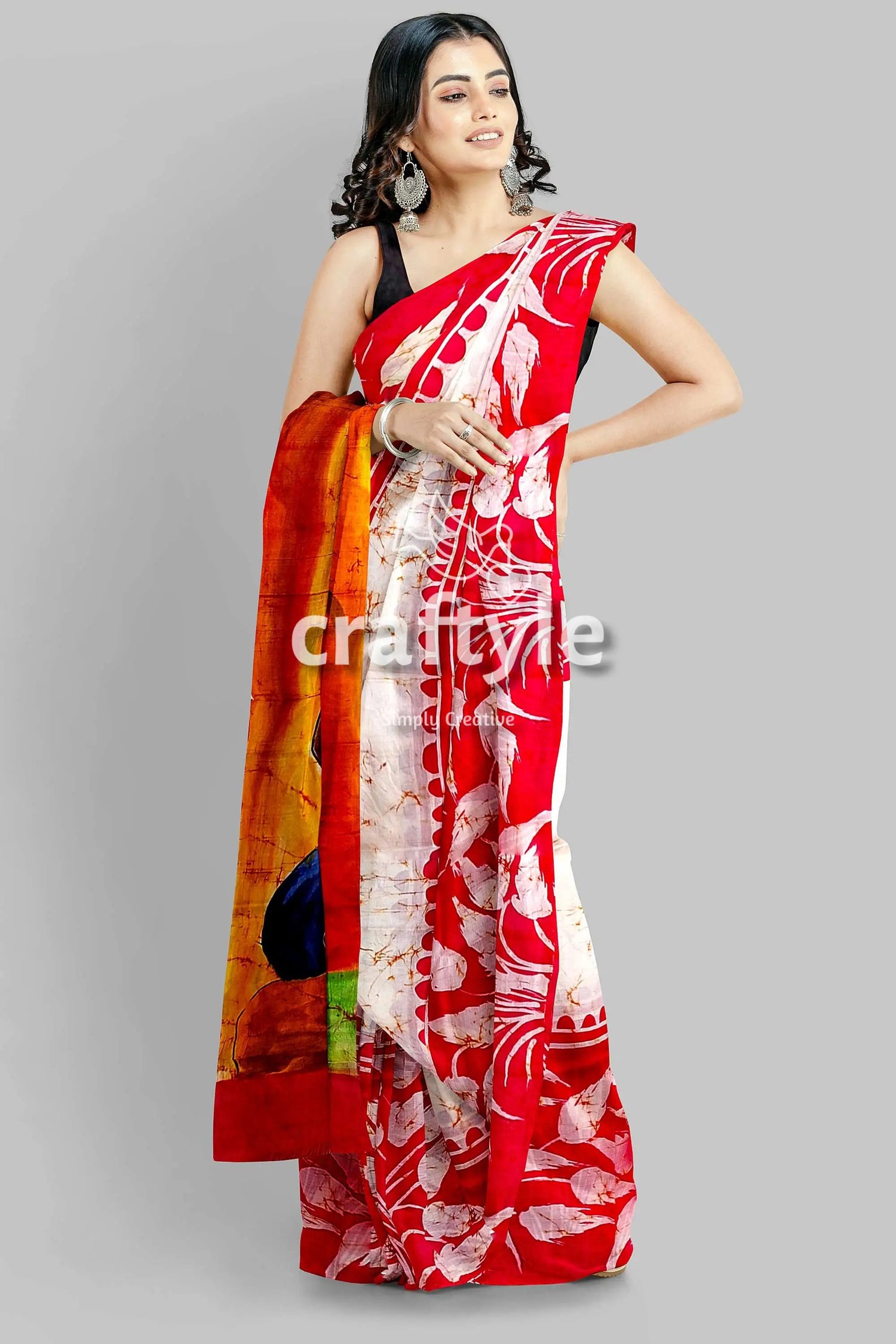Red white goddess handpainted batik silk saree - mulberry pure ma durga sari red white floral saree 2