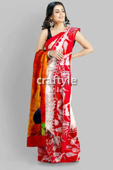 Red white goddess handpainted batik silk saree - mulberry pure ma durga sari red white floral saree 2