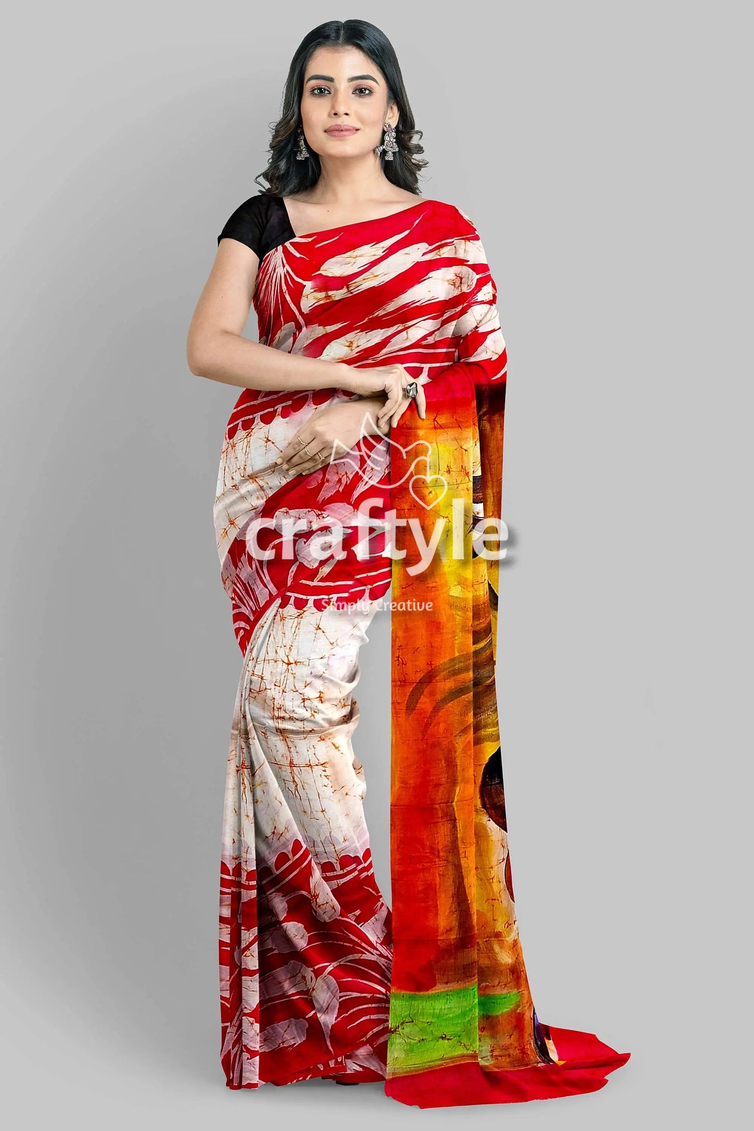 Red white goddess handpainted batik silk saree - mulberry pure ma durga sari woman red white patterned saree 4