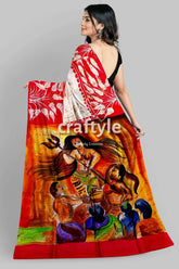 Red white goddess handpainted batik silk saree - mulberry pure ma durga sari hand-painted saree deity artwork 6