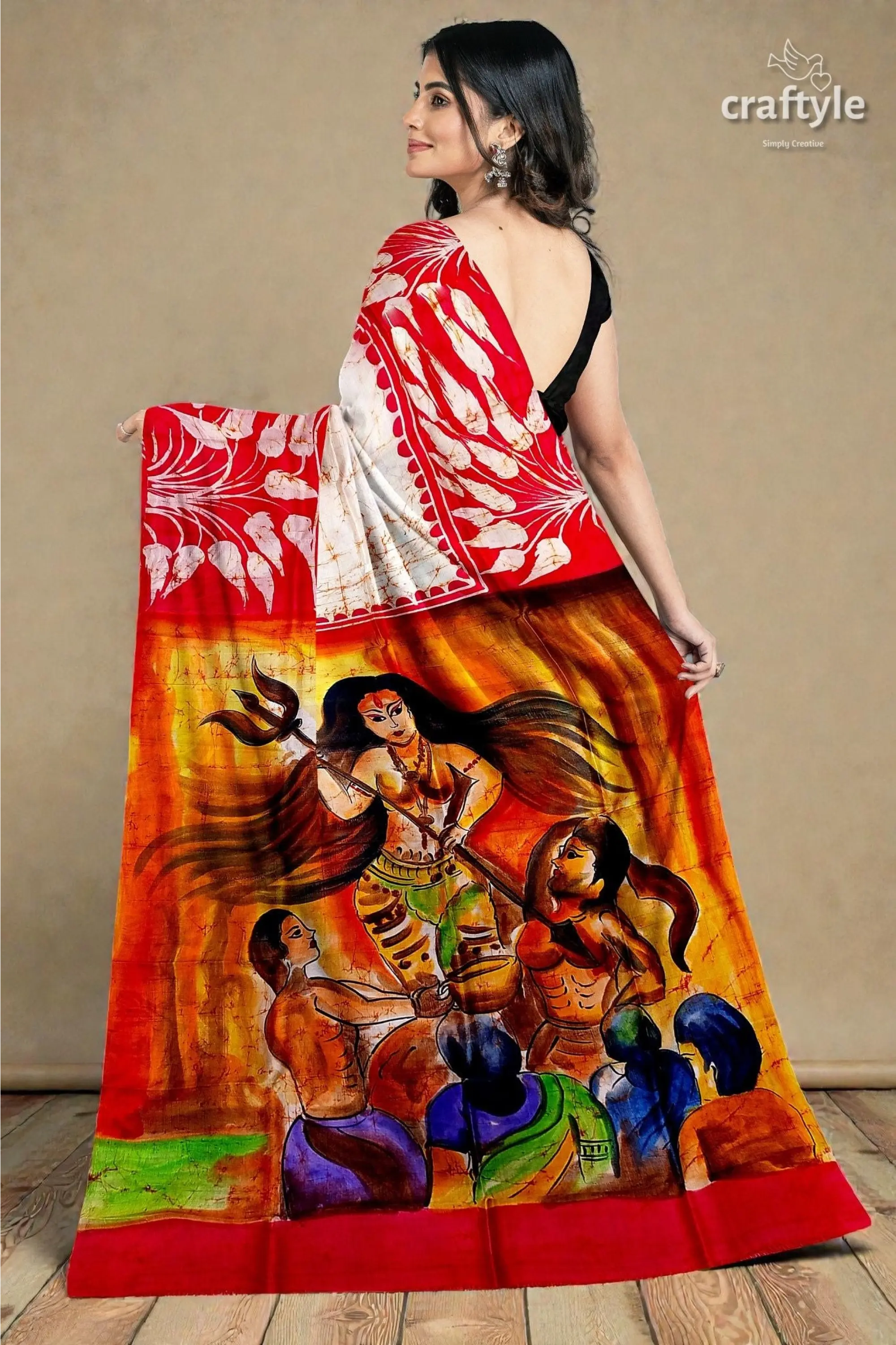Red white goddess handpainted batik silk saree - mulberry pure ma durga sari 4