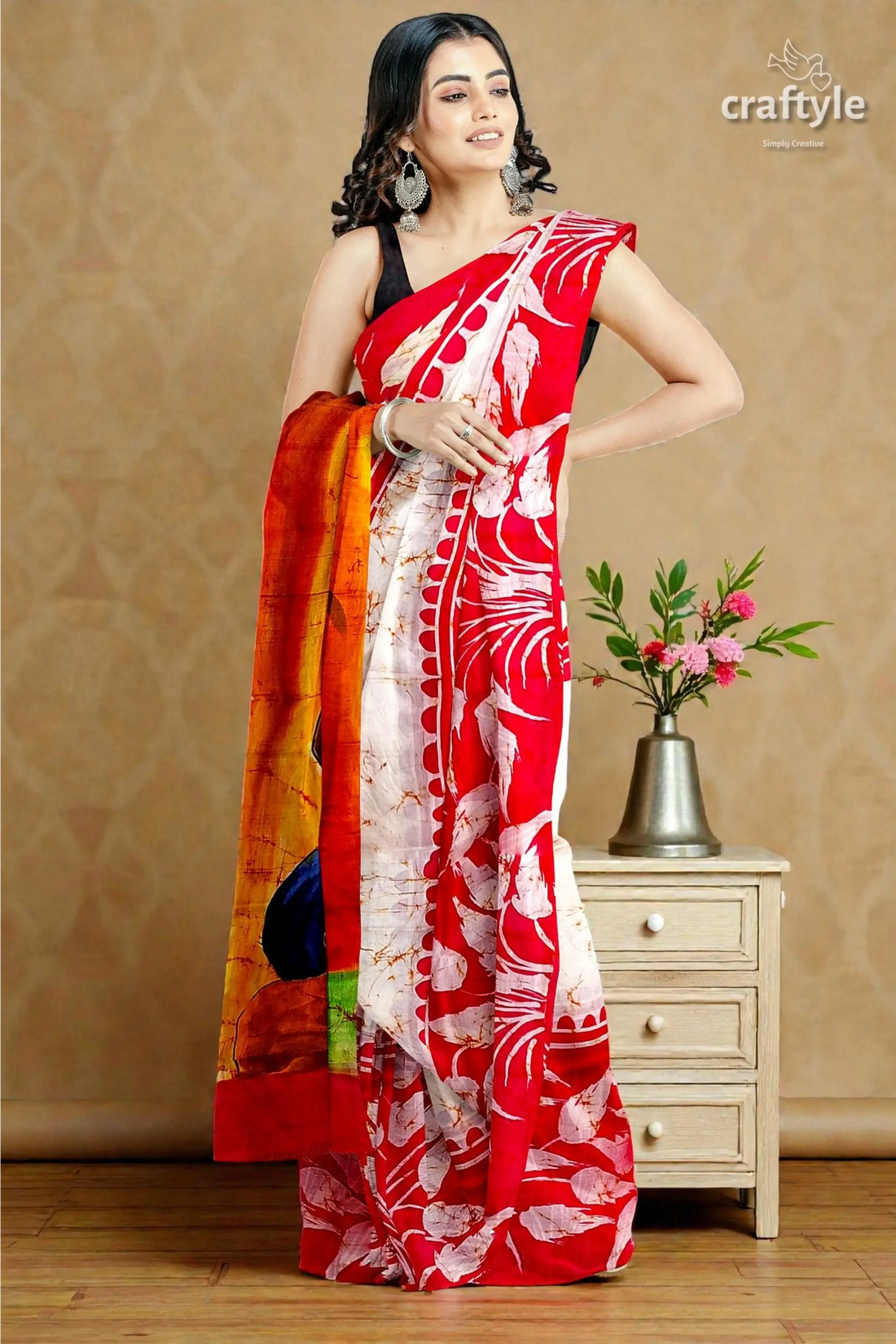 Red white goddess handpainted batik silk saree - mulberry pure ma durga sari 2