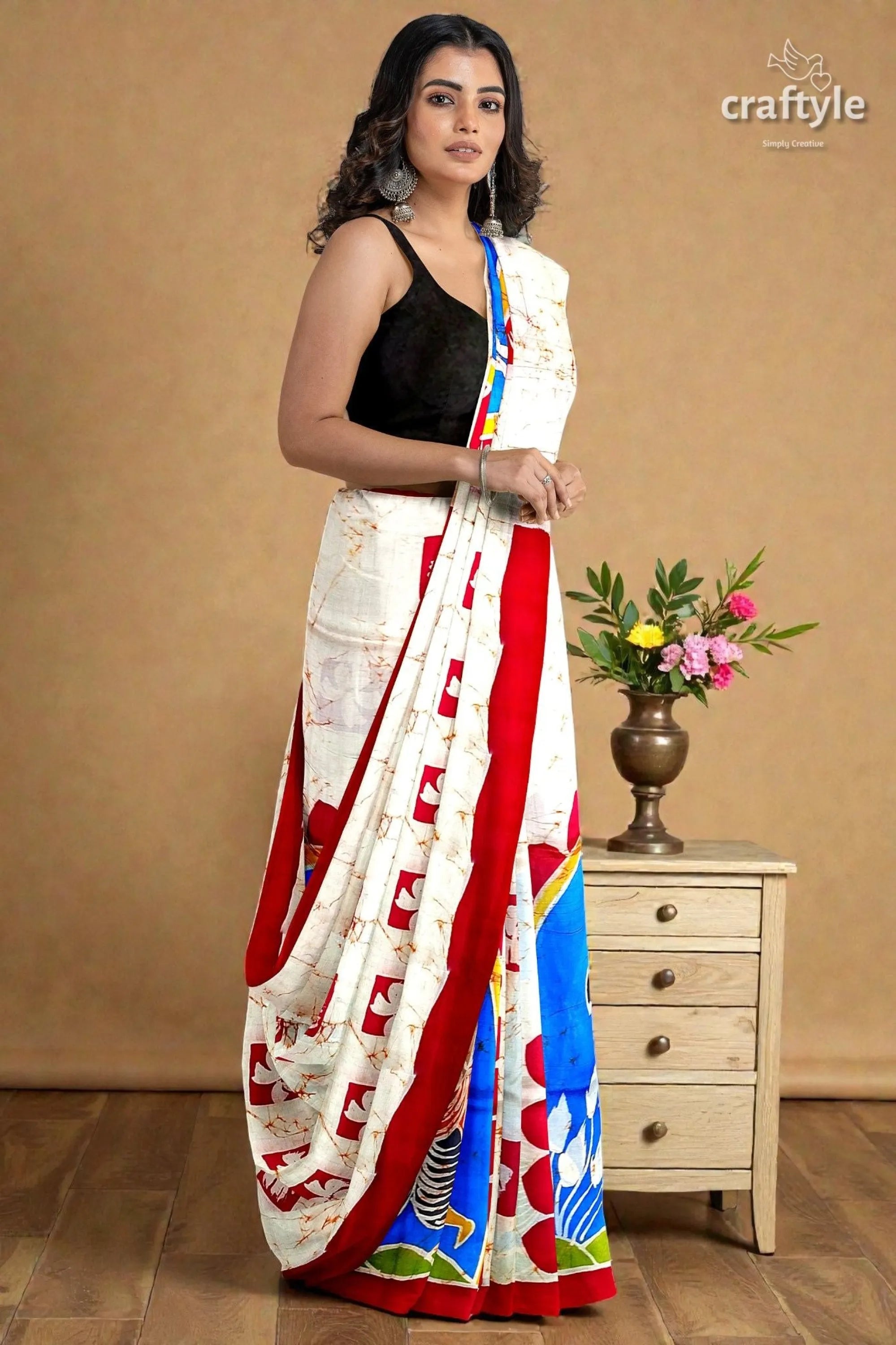 Red white goddess ma durga hand batik mulberry pure silk saree vibrant white saree bold red 5