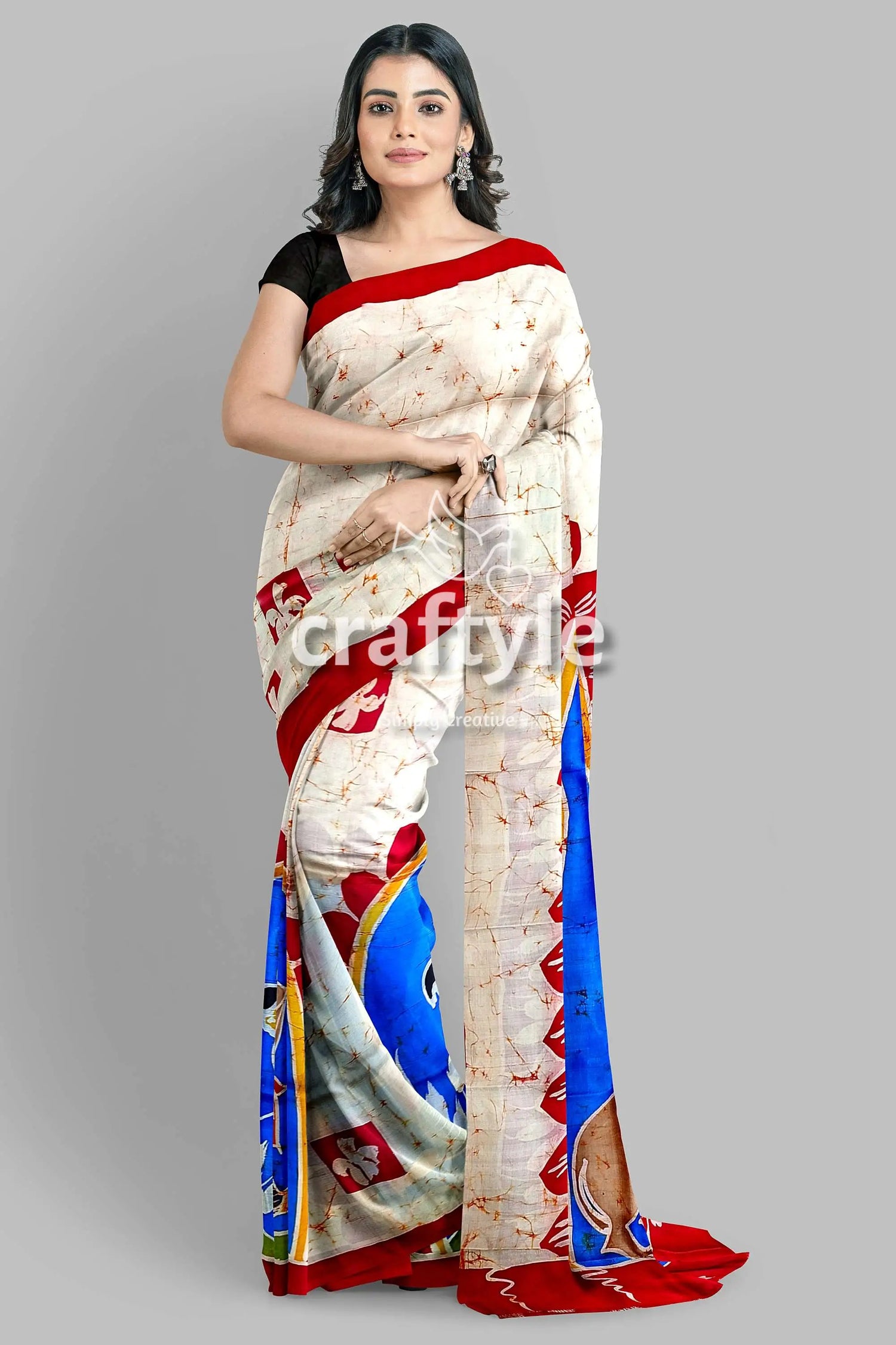 Red white goddess ma durga hand batik mulberry pure silk saree woman patterned saree 3