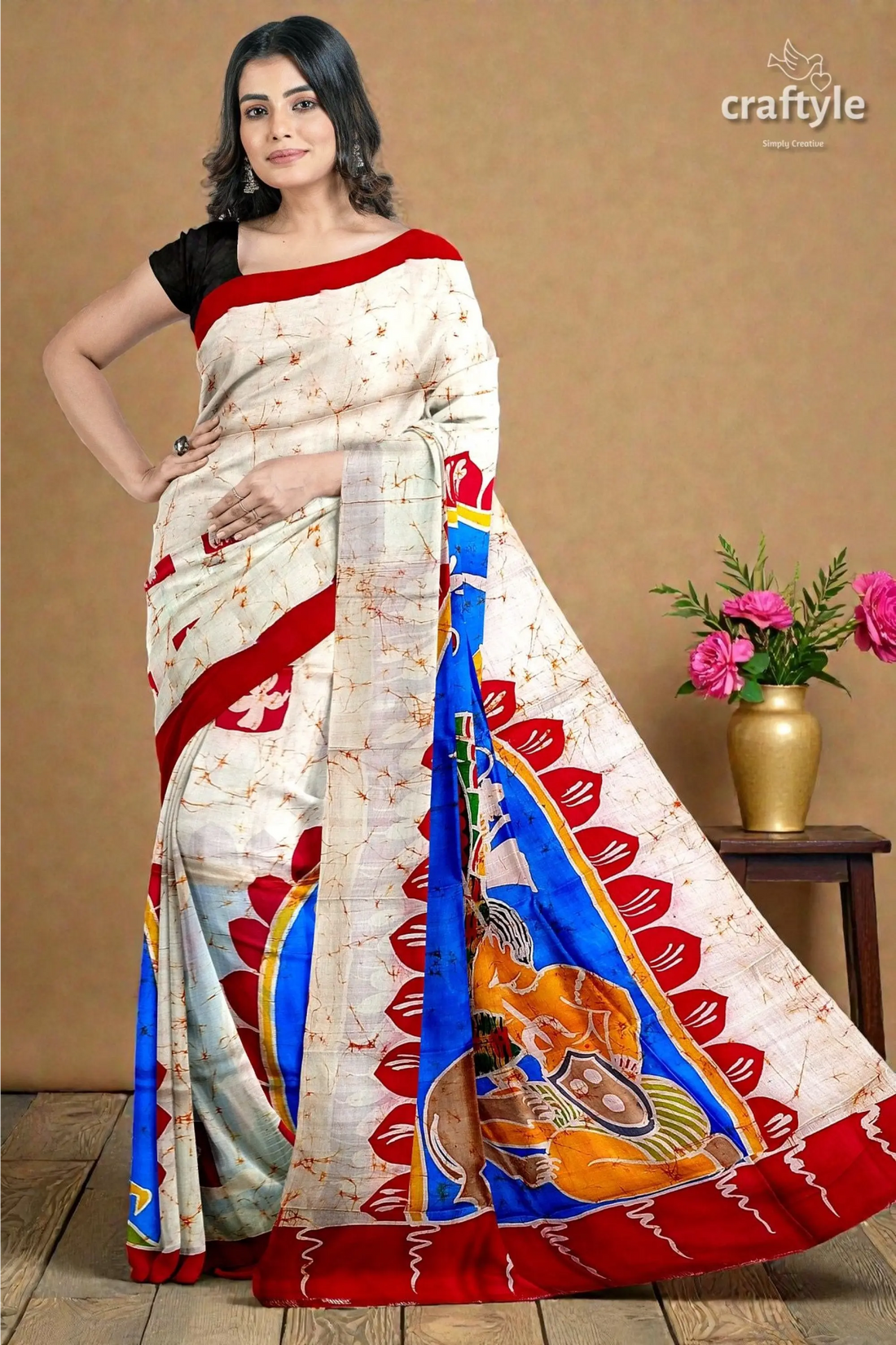Red white goddess ma durga hand batik mulberry pure silk saree 2