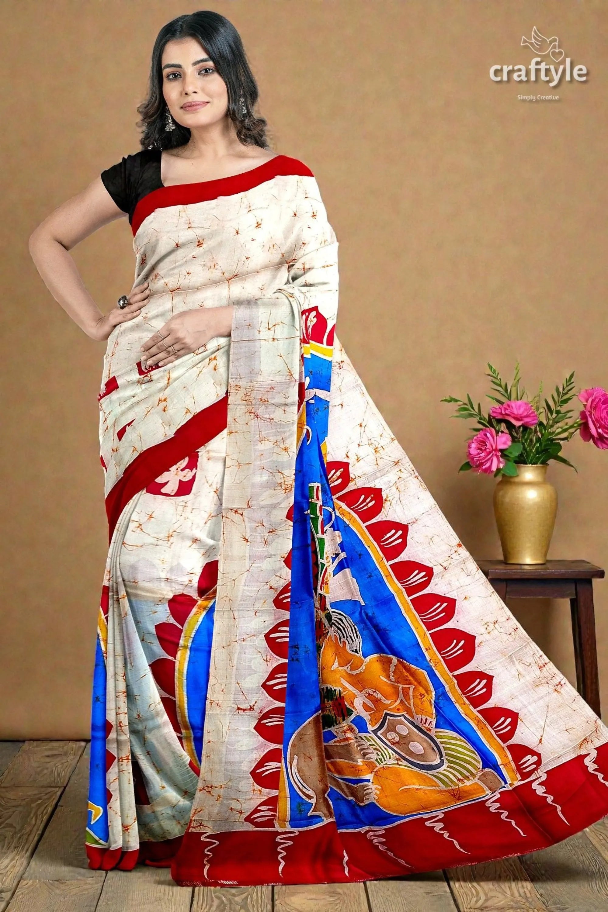 Red white goddess ma durga hand batik mulberry pure silk saree woman wears cream-colored saree vibrant 2