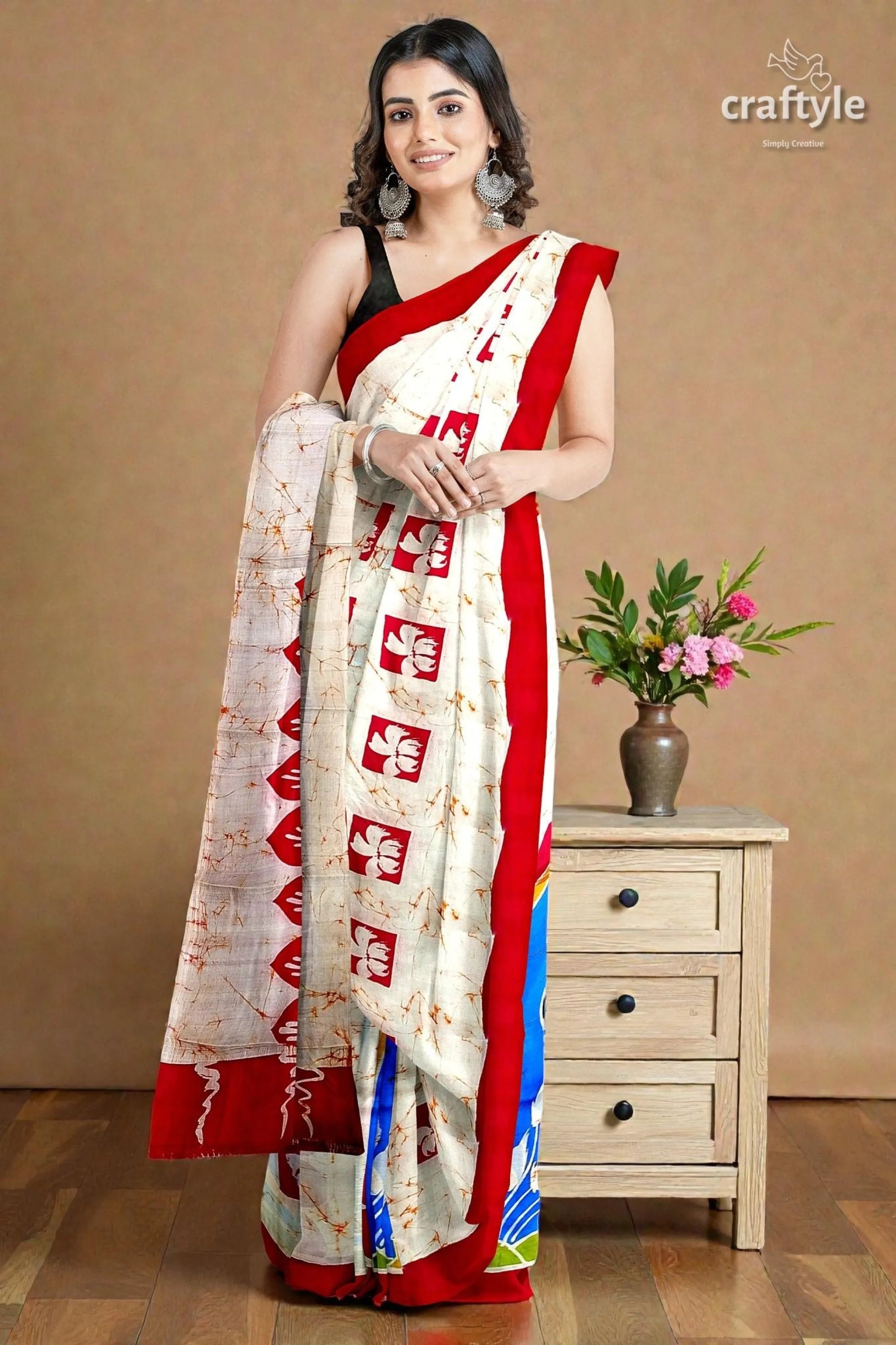 Red white goddess ma durga hand batik mulberry pure silk saree woman wears white red printed 3