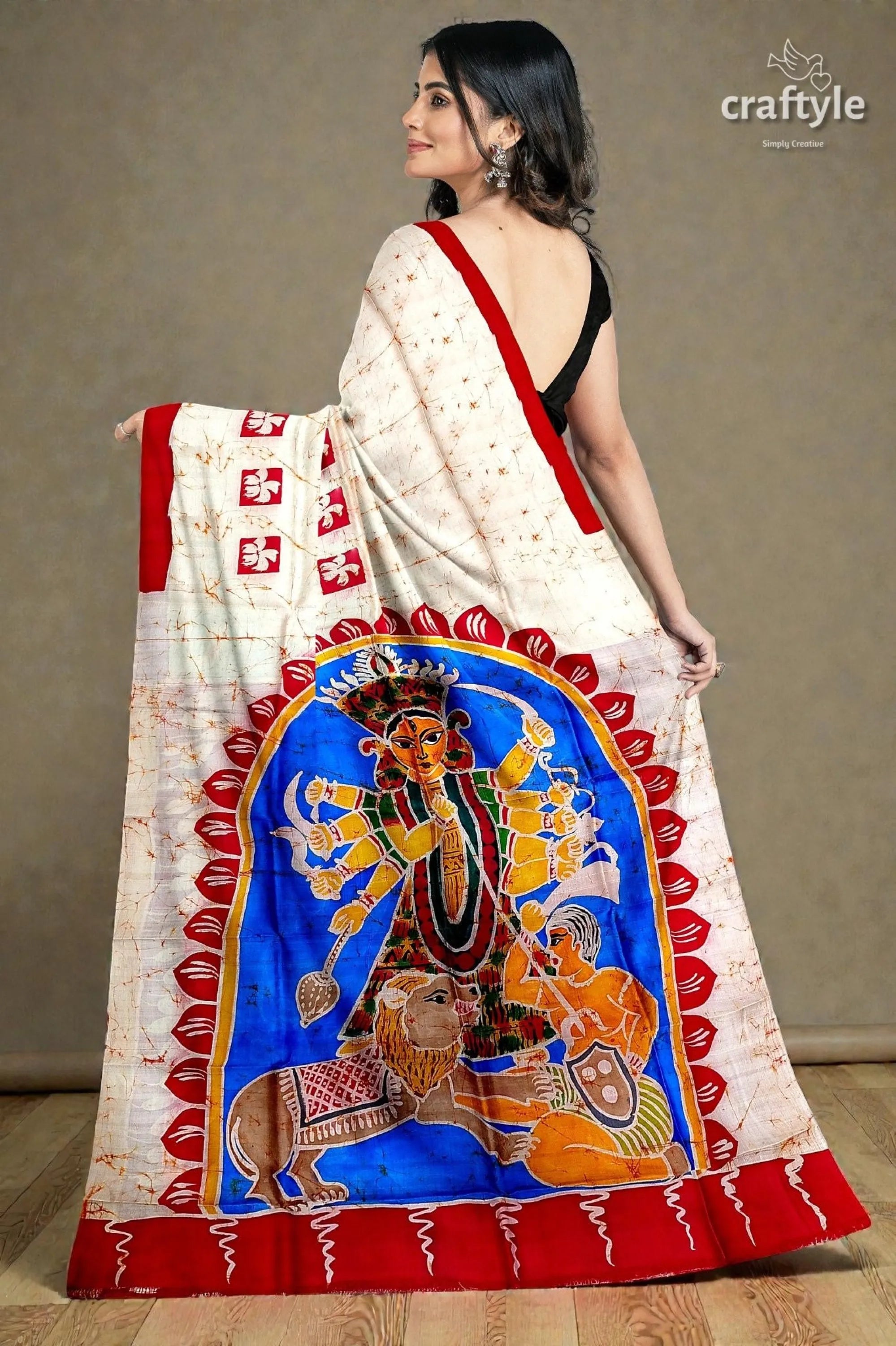 Red white goddess ma durga hand batik mulberry pure silk saree cream-colored saree vibrant blue red 4