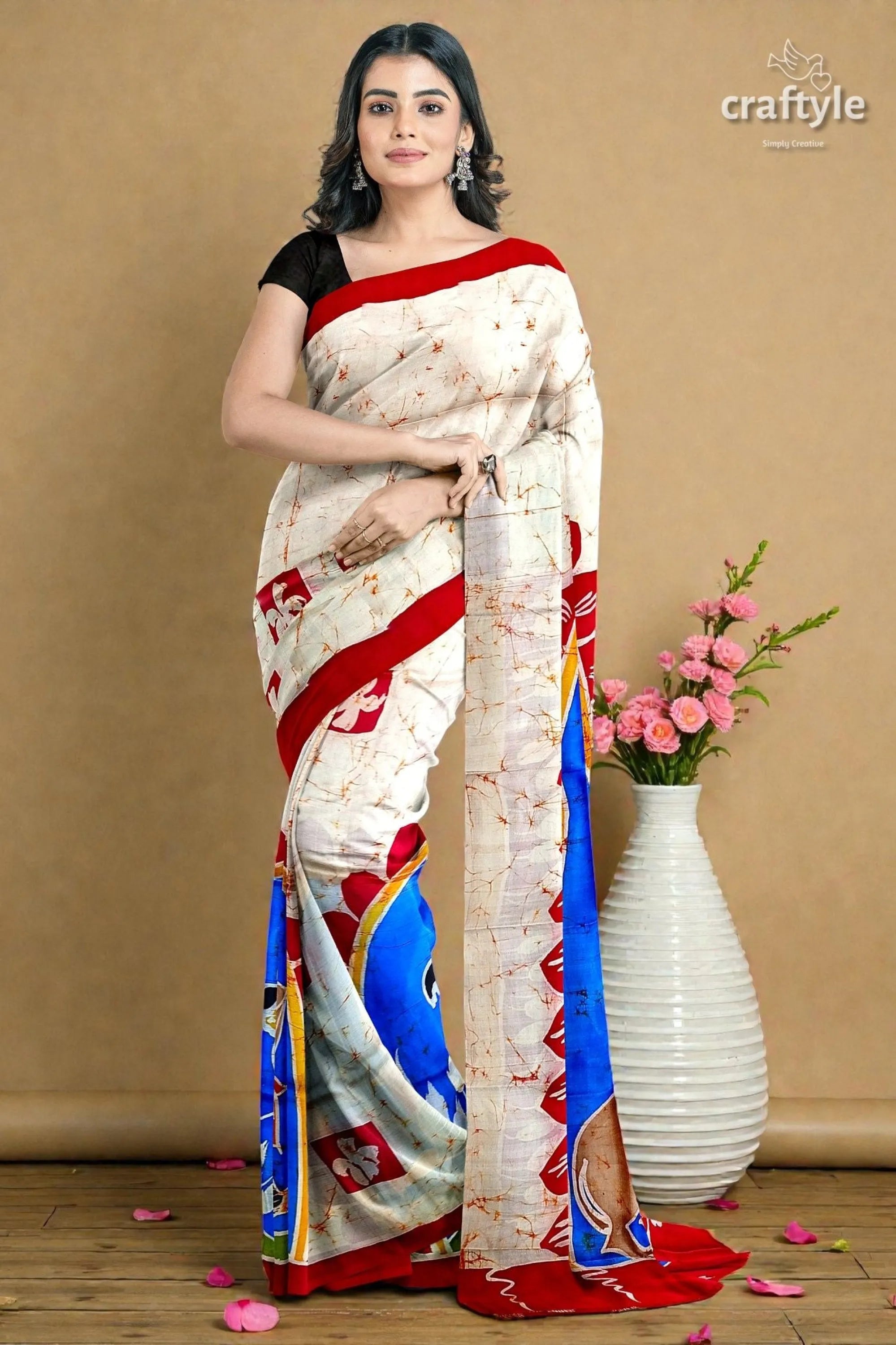 Red white goddess ma durga hand batik mulberry pure silk saree woman wears cream-colored saree bold 1