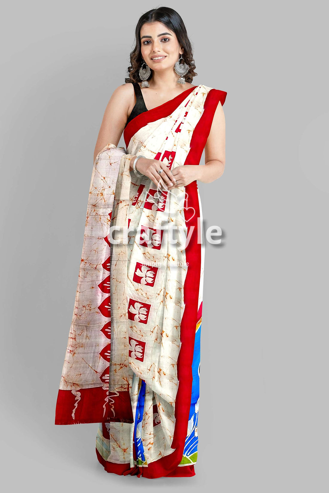 Red White Goddess Ma Durga Hand Batik Mulberry Pure Silk Saree - Craftyle