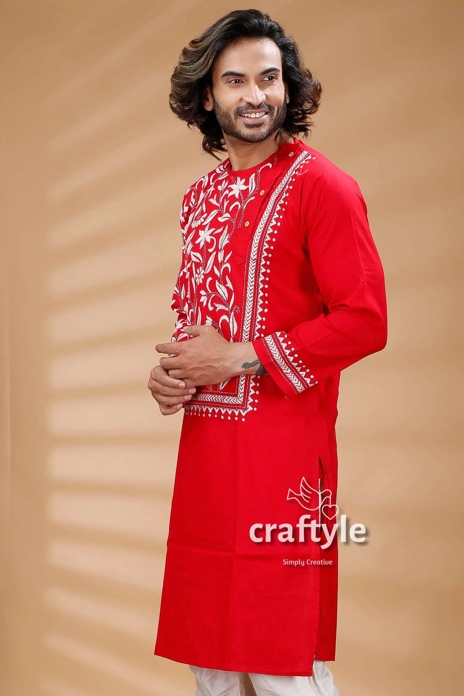 Red & white hand embroidered kantha stitch cotton mens kurta red embroidered kurta 4