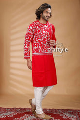 Red & white hand embroidered kantha stitch cotton mens kurta red embroidered kurta 3