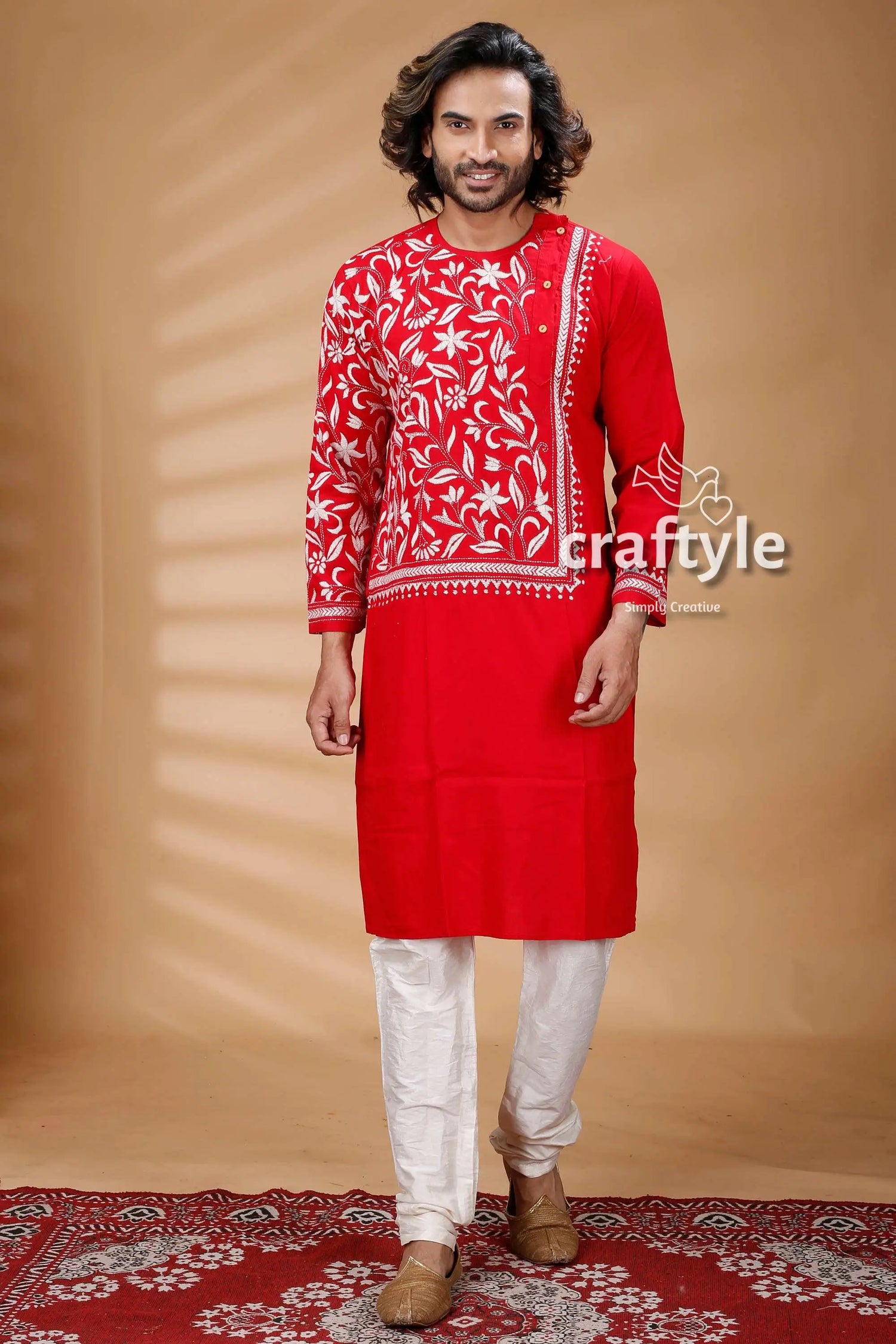 Red & white hand embroidered kantha stitch cotton mens kurta red embroidered kurta pajama set 1