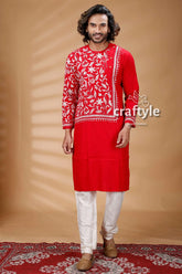 Red & white hand embroidered kantha stitch cotton mens kurta red embroidered kurta pajama set 1