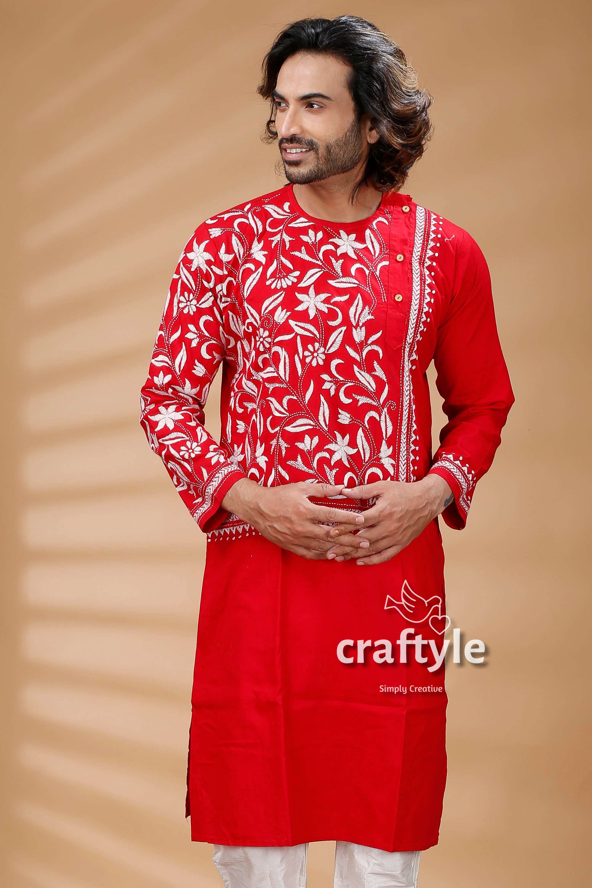 Red & White Hand Embroidered Kantha Stitch Cotton Mens Kurta - Craftyle
