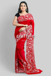 Red white soru tuli hand batik mulberry pure silk saree - red saree white floral patterns 4