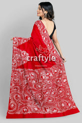 Red white soru tuli hand batik mulberry pure silk saree - red saree white paisley pattern 6