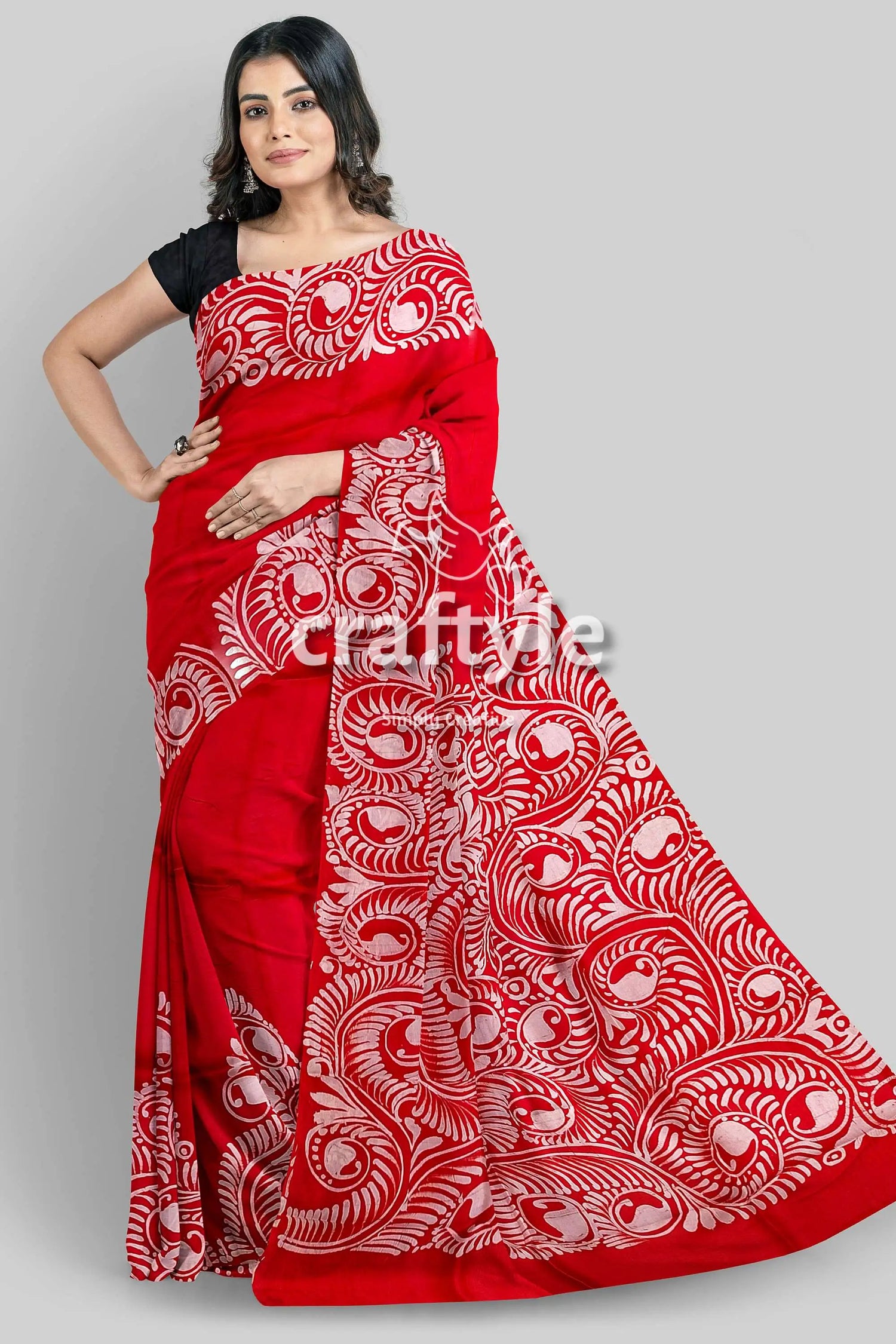 Red white soru tuli hand batik mulberry pure silk saree - red saree white peacock feather 5