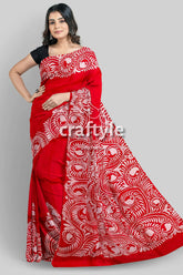 Red white soru tuli hand batik mulberry pure silk saree - red saree white peacock feather 5