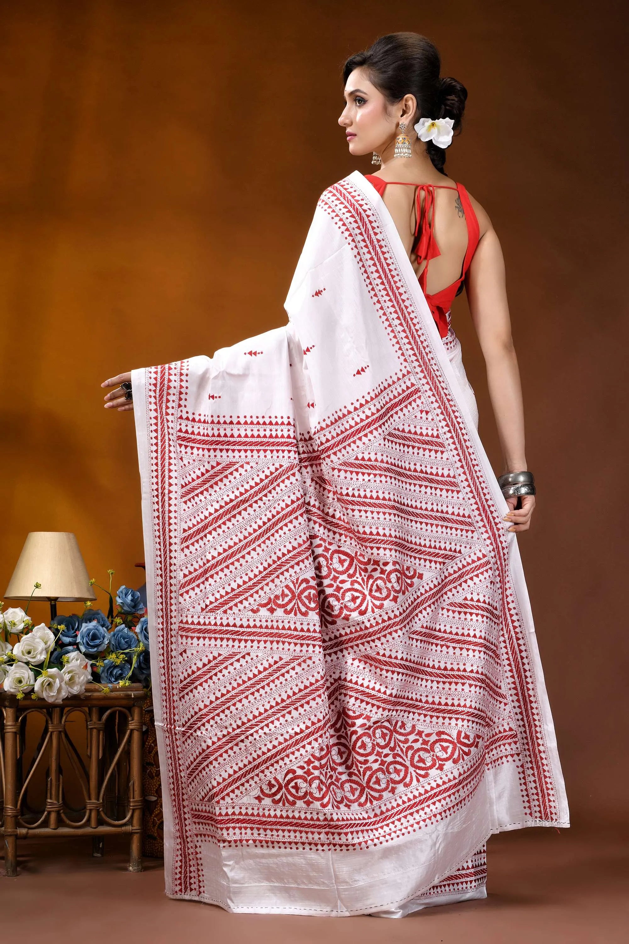 Reddish thread ethnic design handcrafted silk kantha stitch saree in white white saree intricate red embroidery 5
