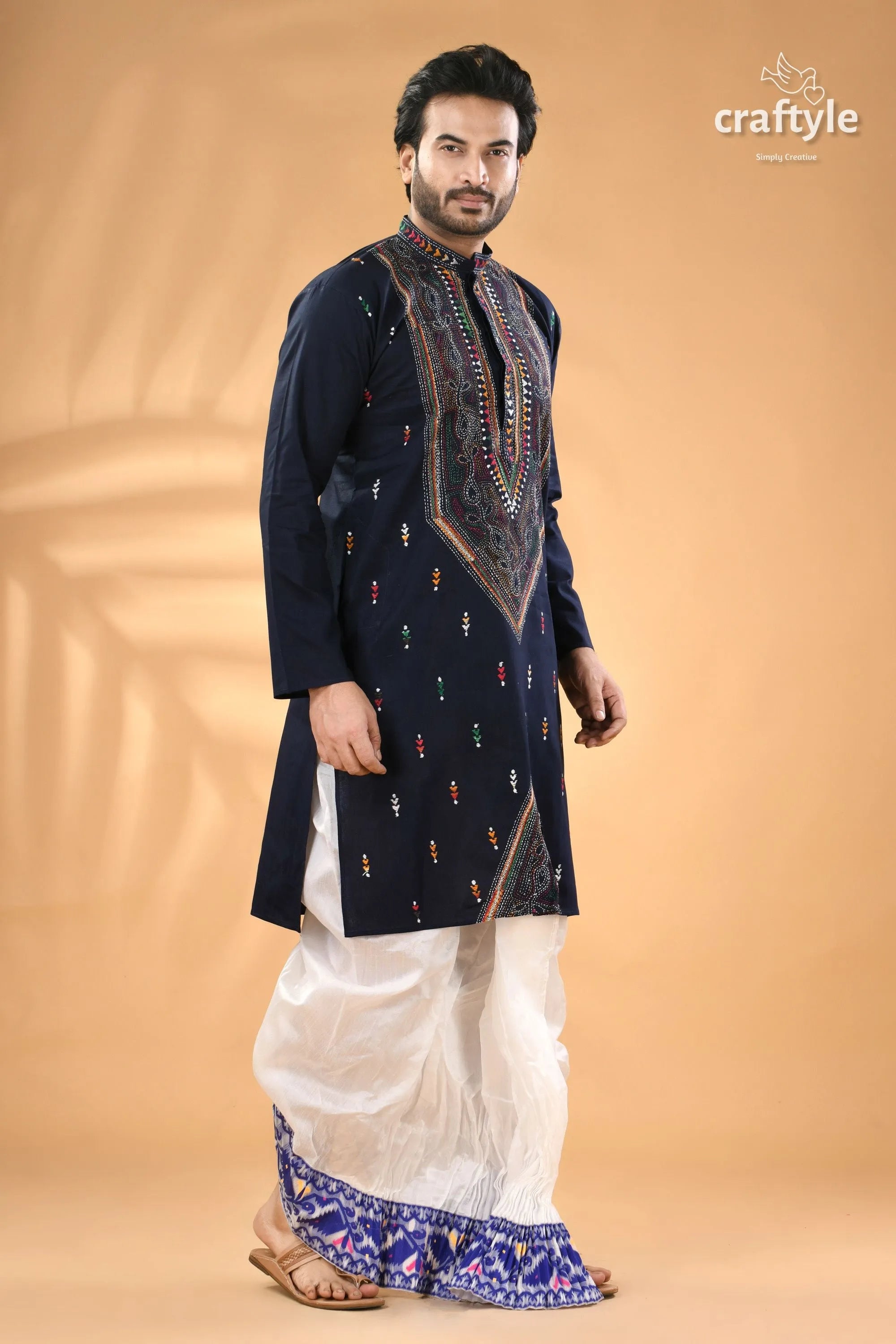Regal blue kantha hand embroidered cotton kurta for men men’s navy 3