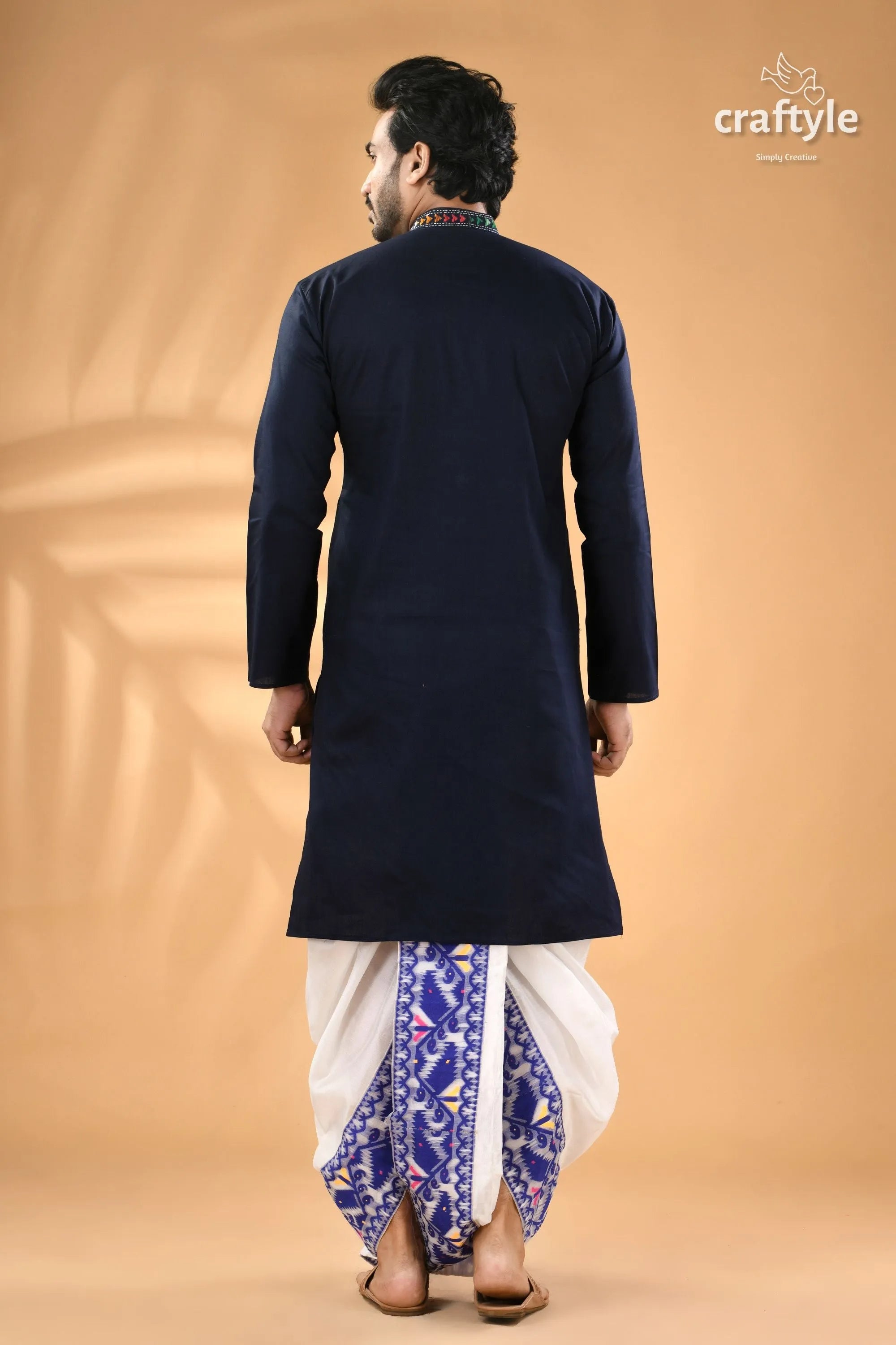 Regal blue kantha hand embroidered cotton kurta for men man navy 6