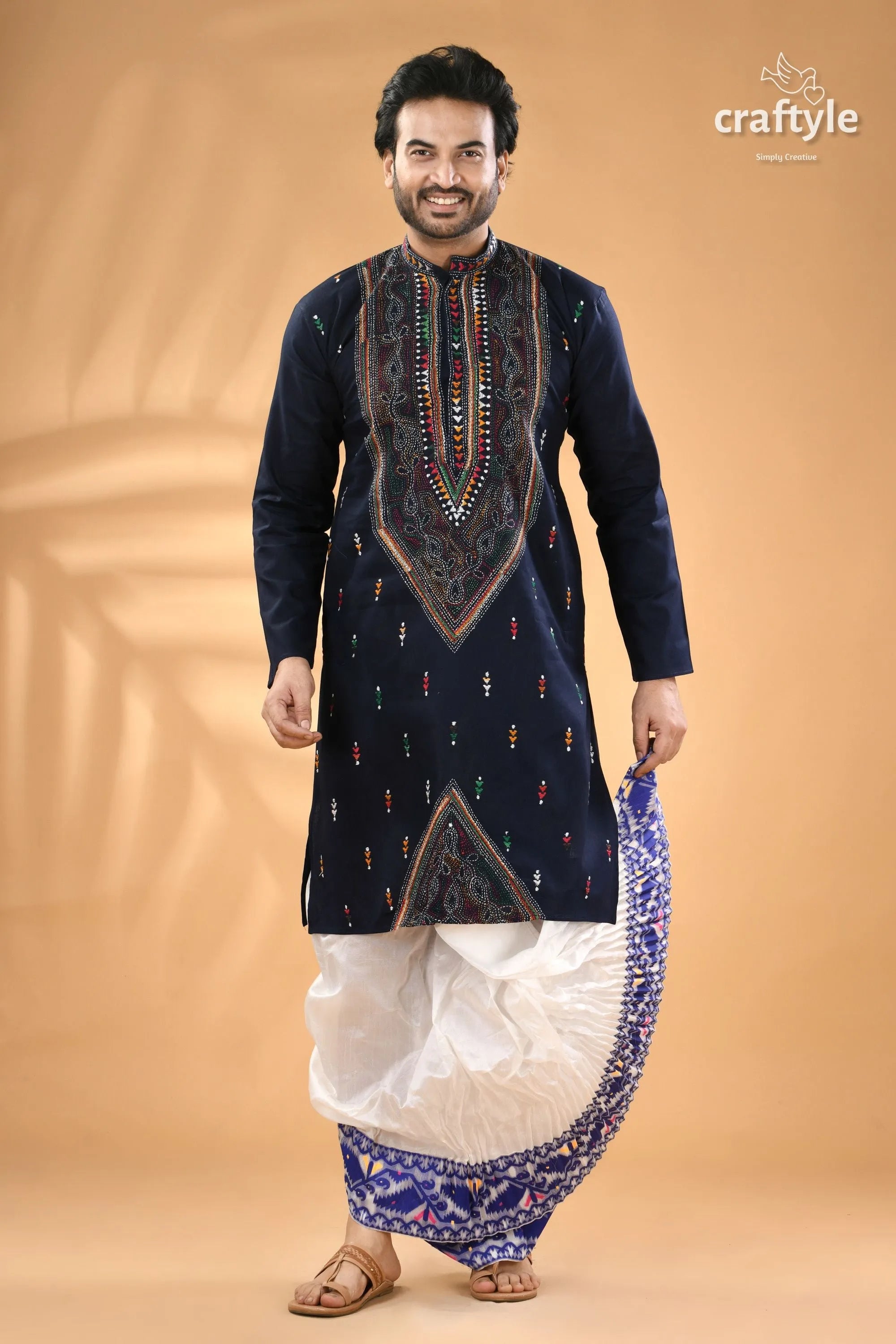 Regal blue kantha hand embroidered cotton kurta for men men’s navy 5