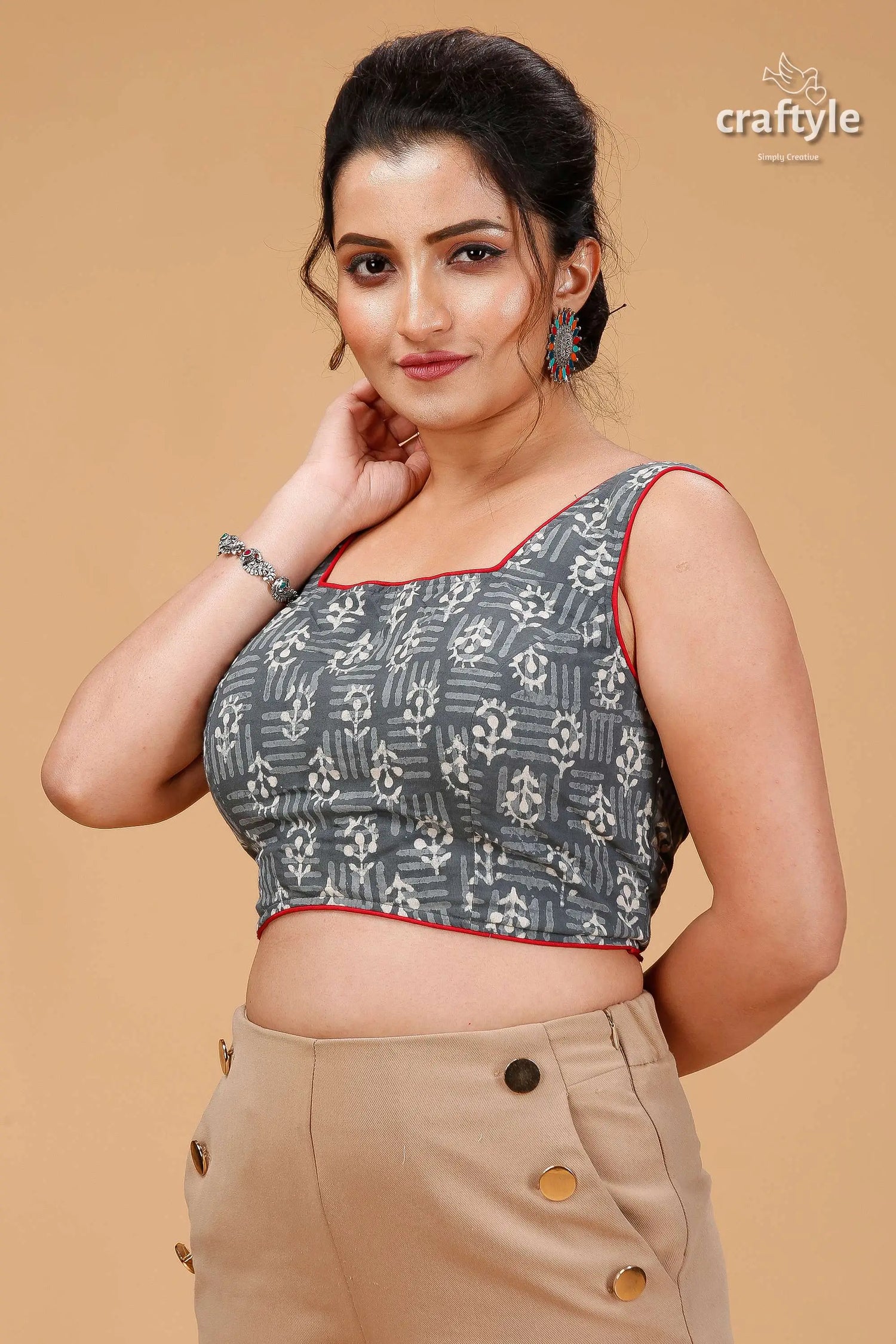 Regent gray dabu print blouse - pure cotton woman patterned sleeveless crop red 3