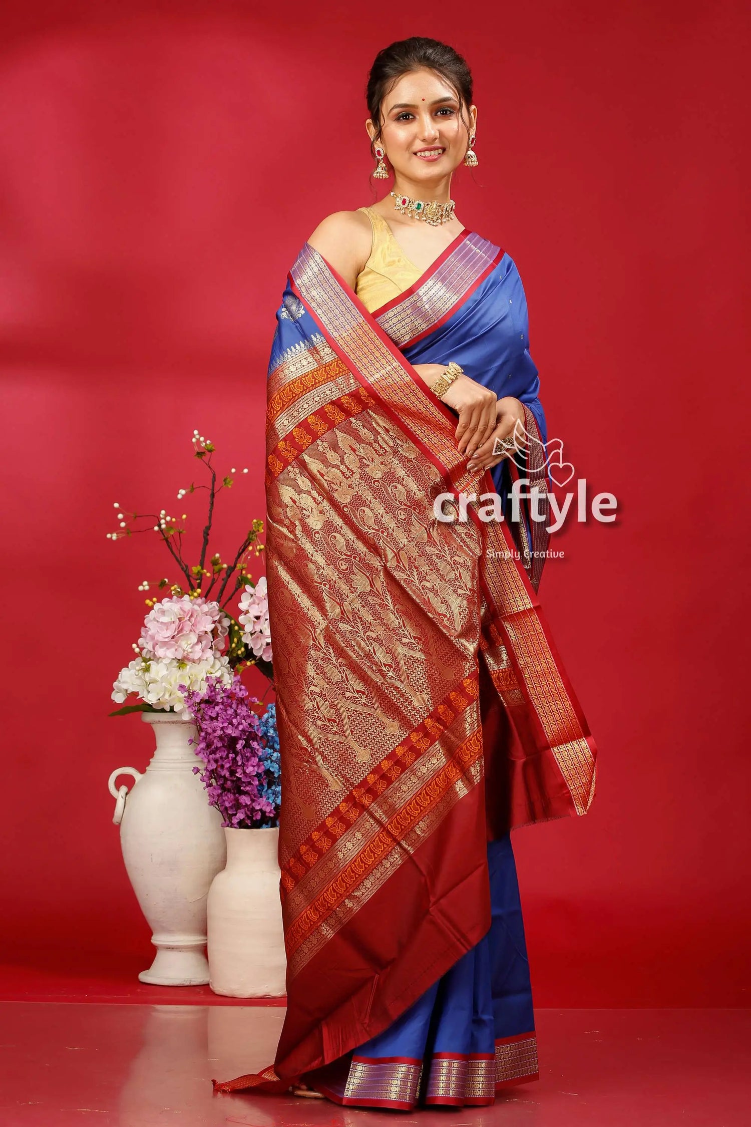 Resolution blue bomkai silk saree with zari border - partywear blue maroon silk saree 4