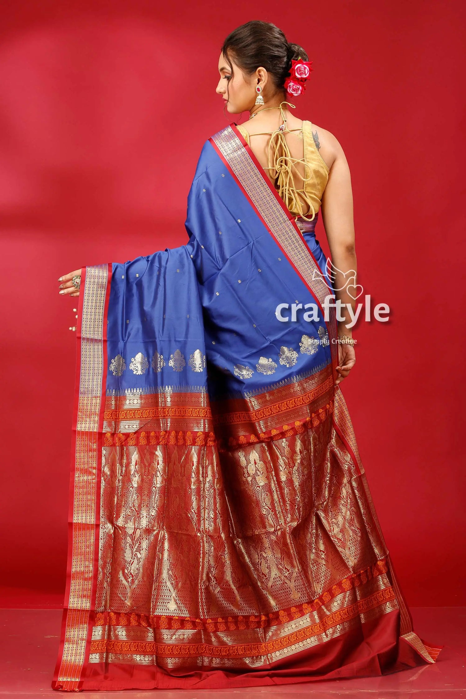 Resolution blue bomkai silk saree with zari border - partywear blue red silk saree 5