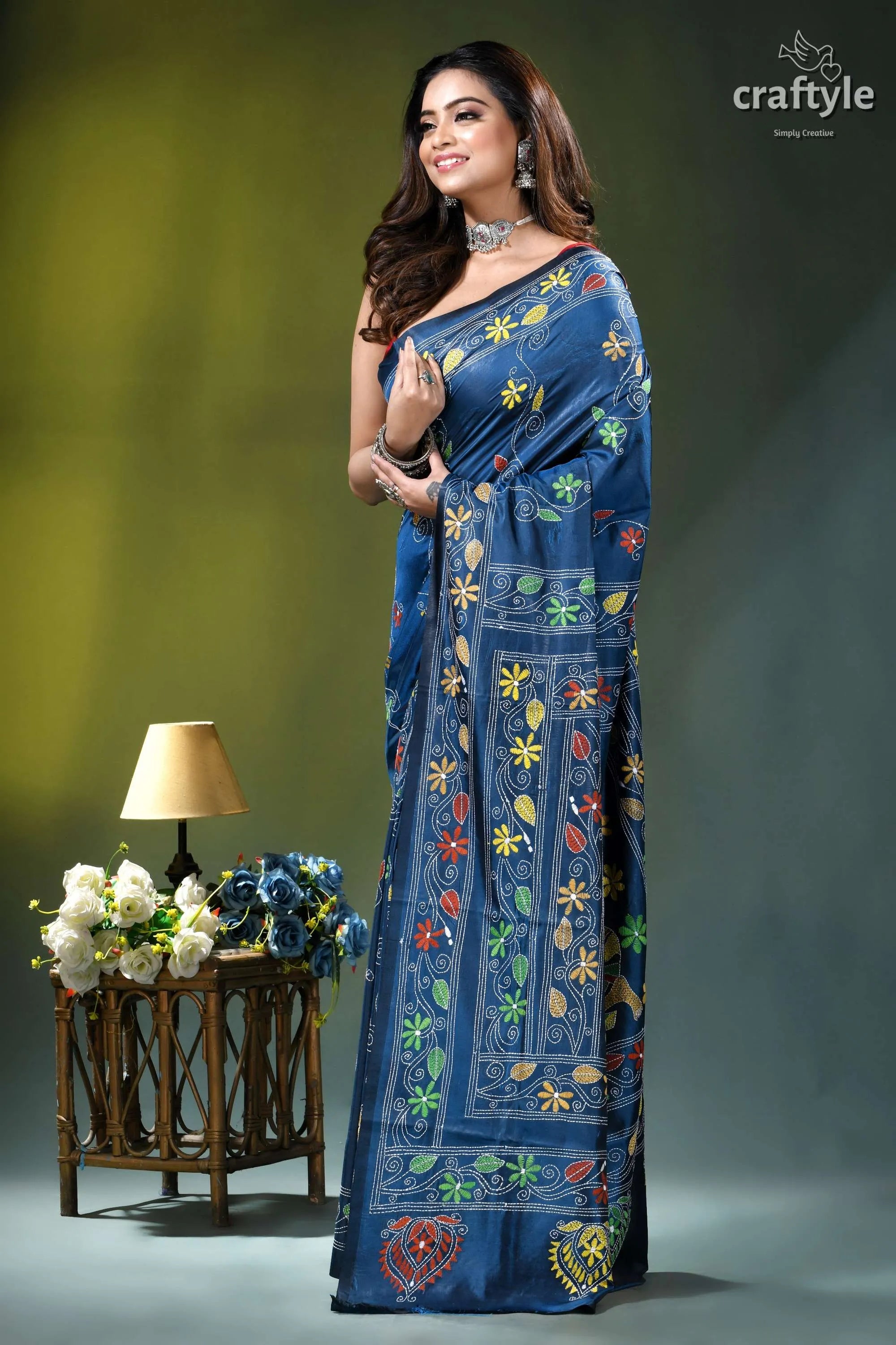 Rhino blue multi-thread nature’s embrace silk kantha work saree woman wears deep blue saree 3