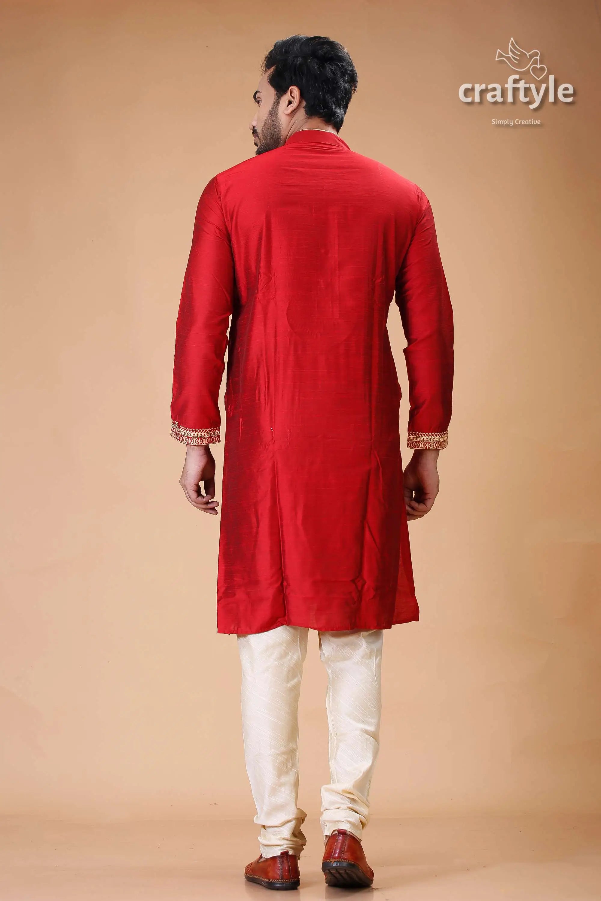 Rich crimson silk mens kurta with elegant embroidery design red kurta cream pants 5