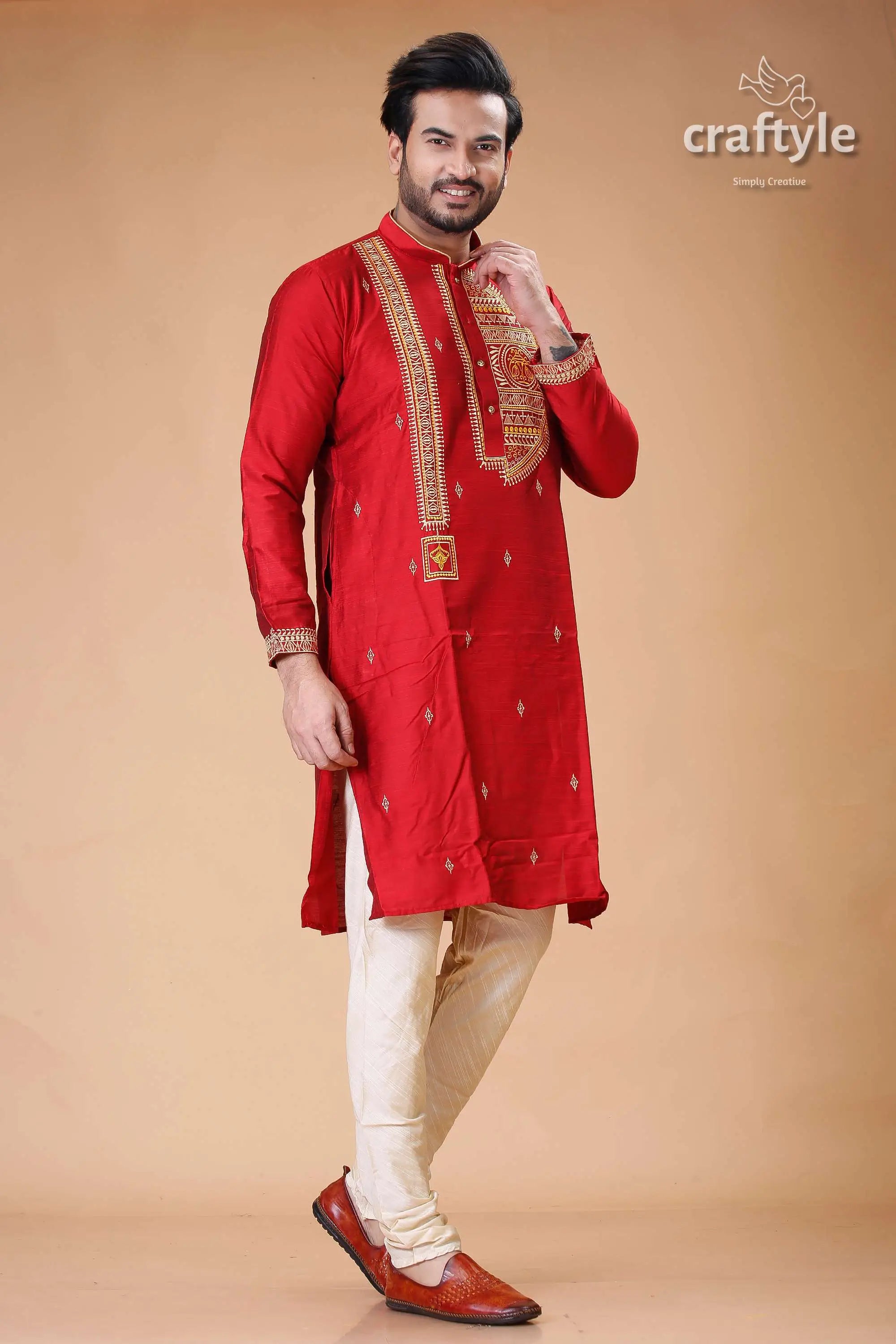 Rich crimson silk mens kurta with elegant embroidery design red embroidered kurta 4