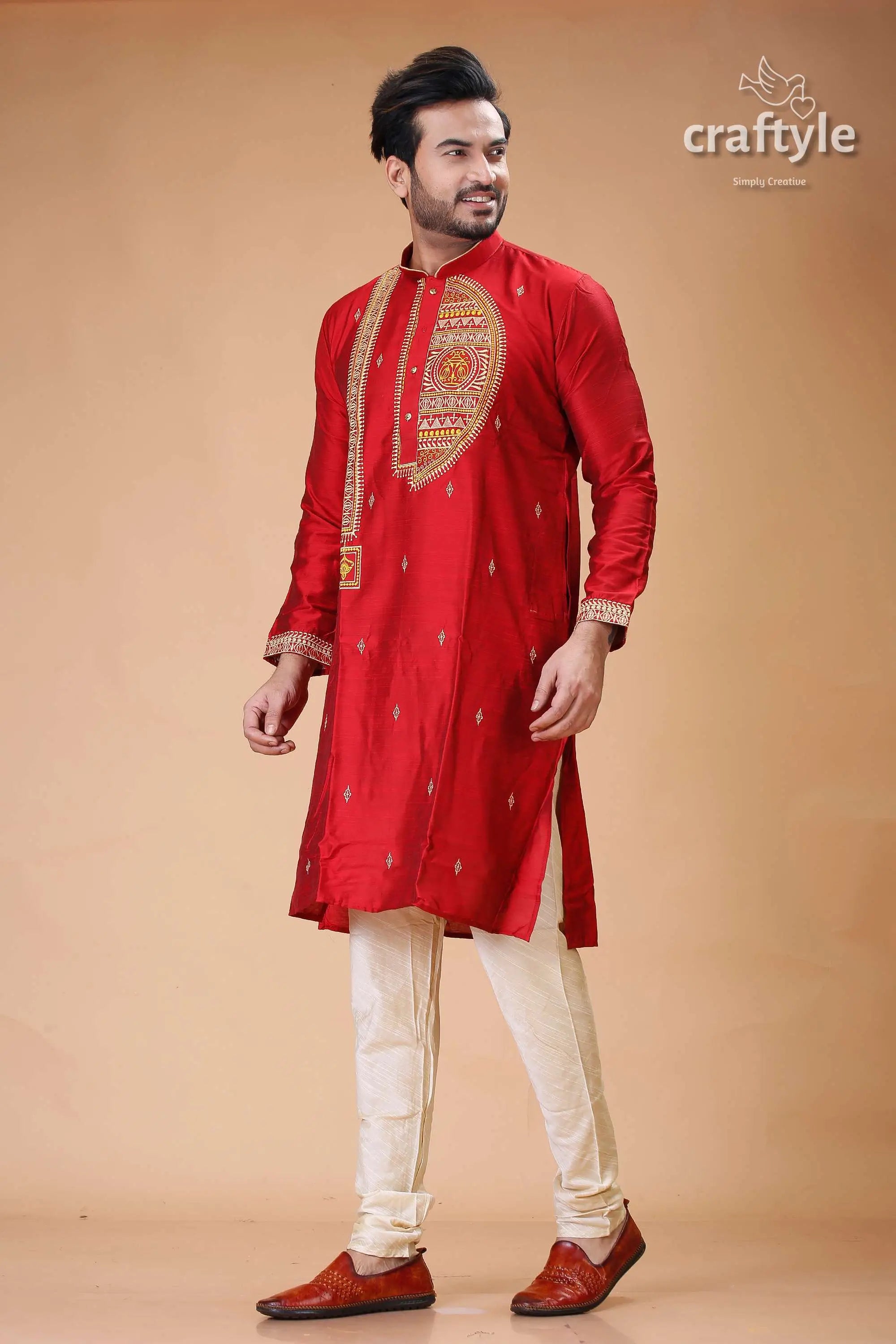 Rich crimson silk mens kurta with elegant embroidery design red embroidered kurta pajama set 3