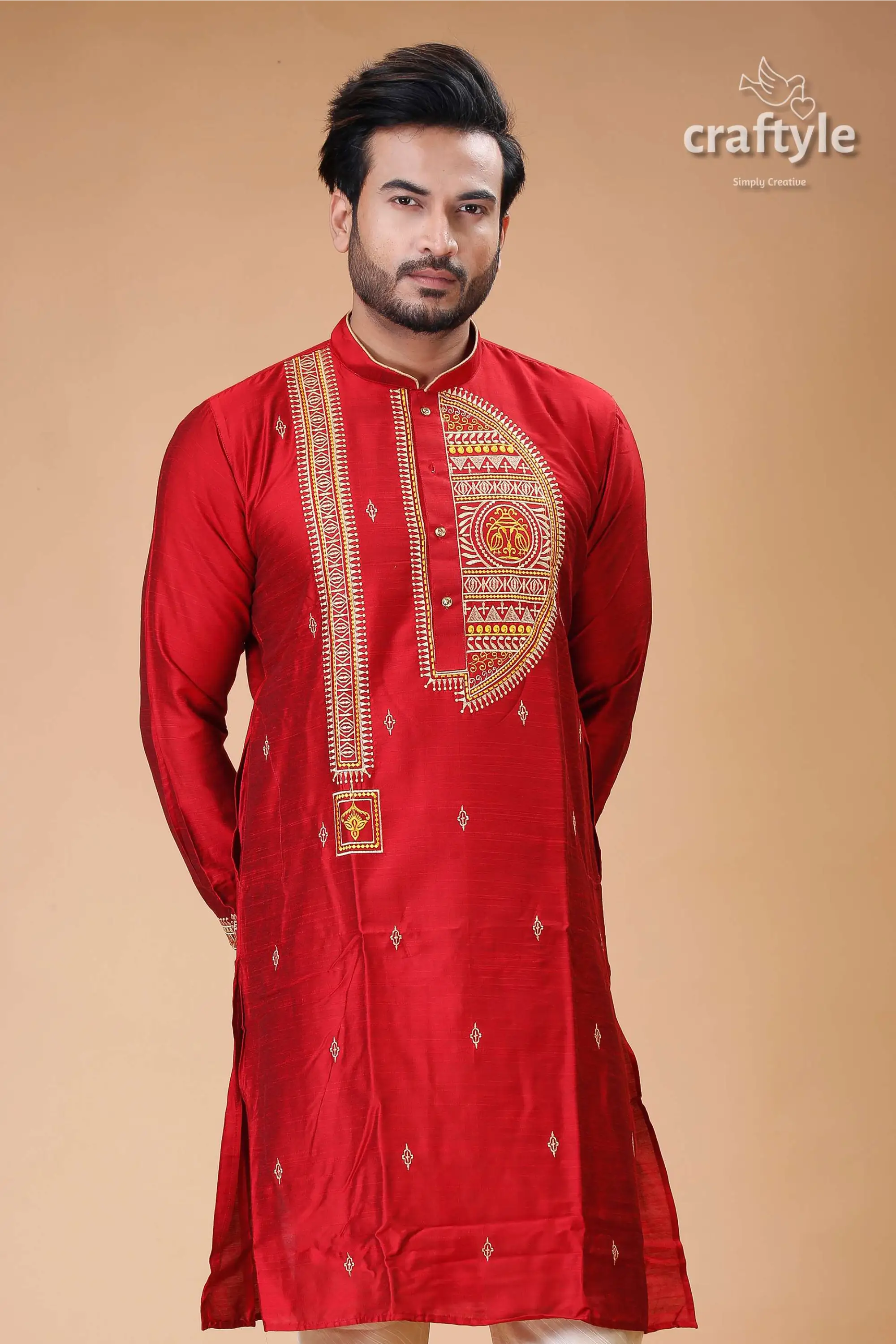 Rich crimson silk mens kurta with elegant embroidery design red embroidered kurta 2