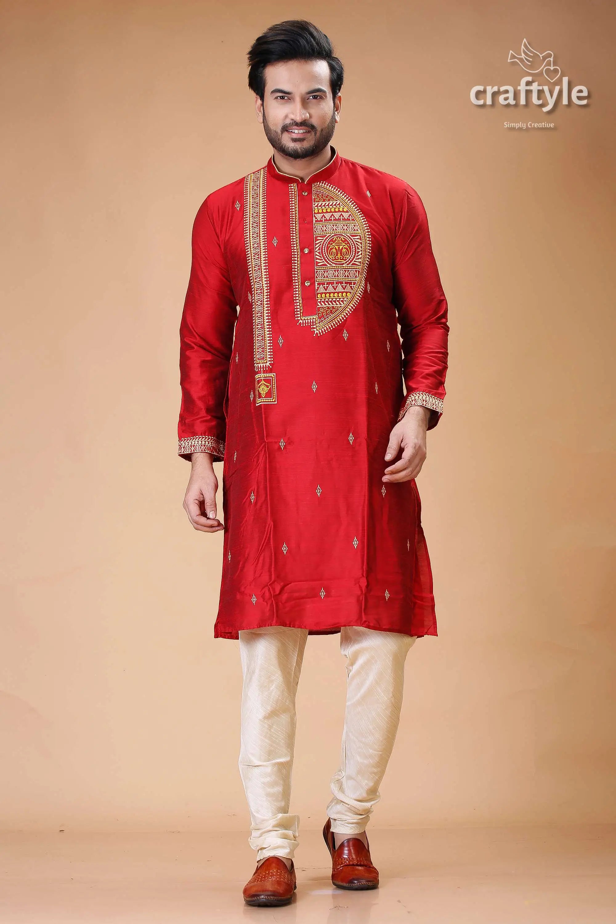 Rich crimson silk mens kurta with elegant embroidery design red embroidered kurta pajama set 1