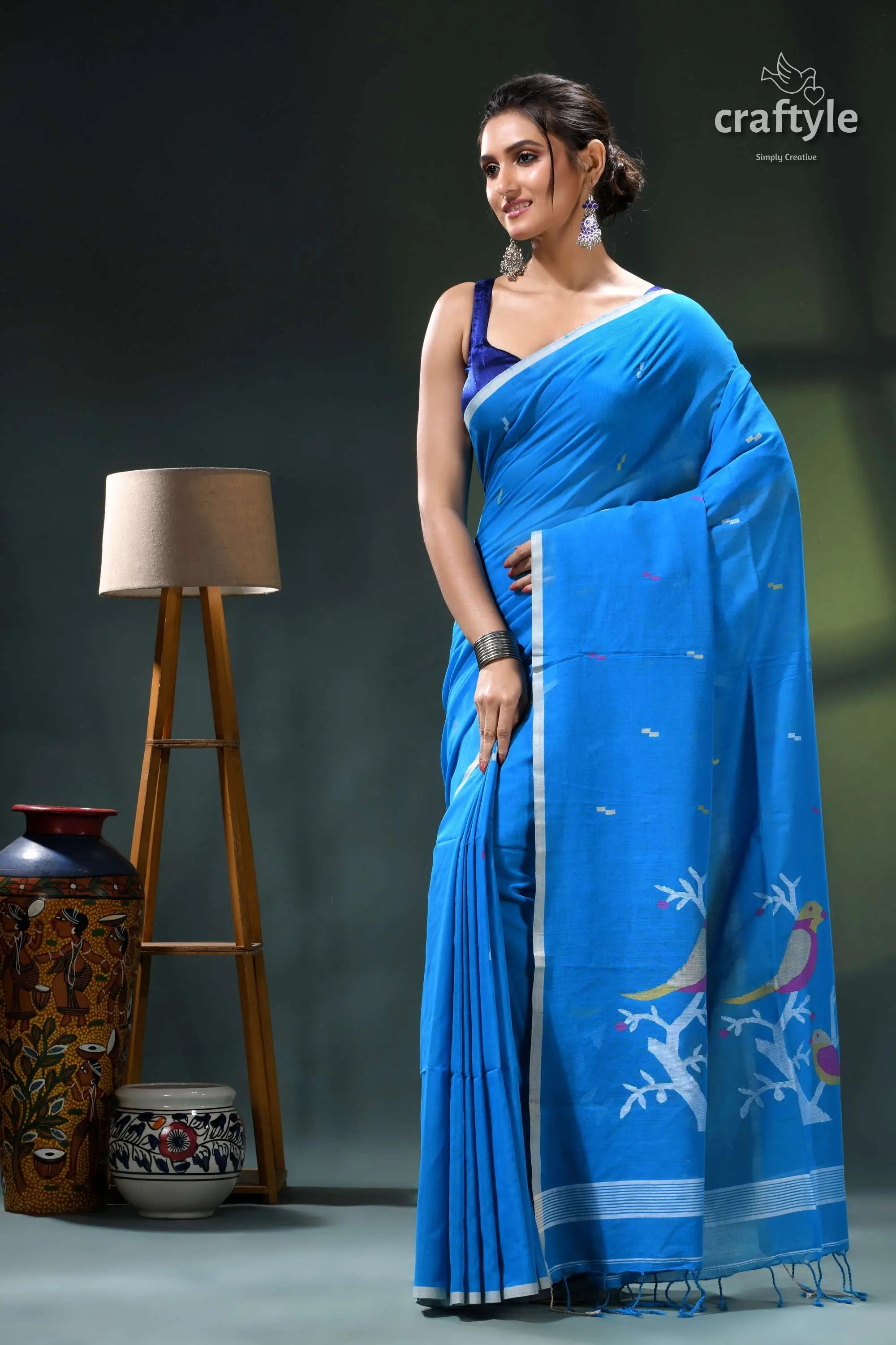 Rich electric blue soft cotton jamdani saree - handwoven design blue saree white bird design 3
