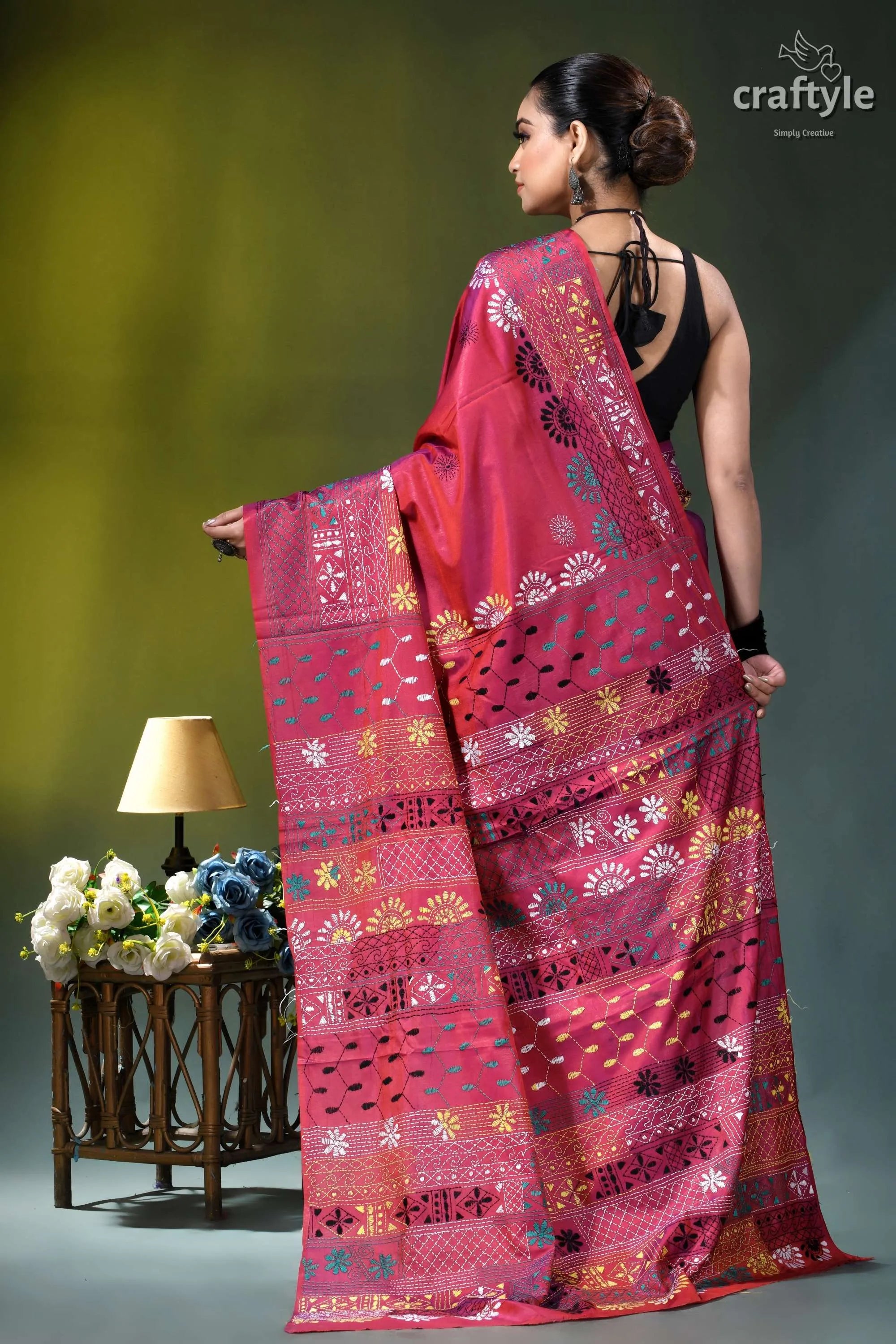 Rich maroon multicolor floral design hand embroidery silk lambani saree vibrant pink saree intricate floral 5