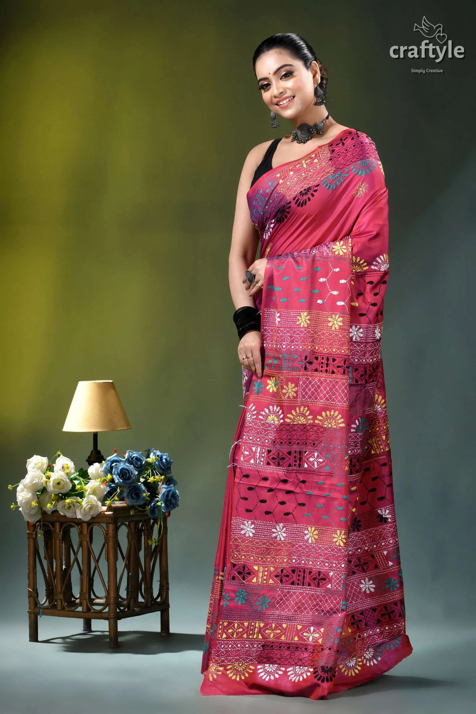 Rich maroon multicolor floral design hand embroidery silk lambani saree vibrant pink saree intricate multicolored 3