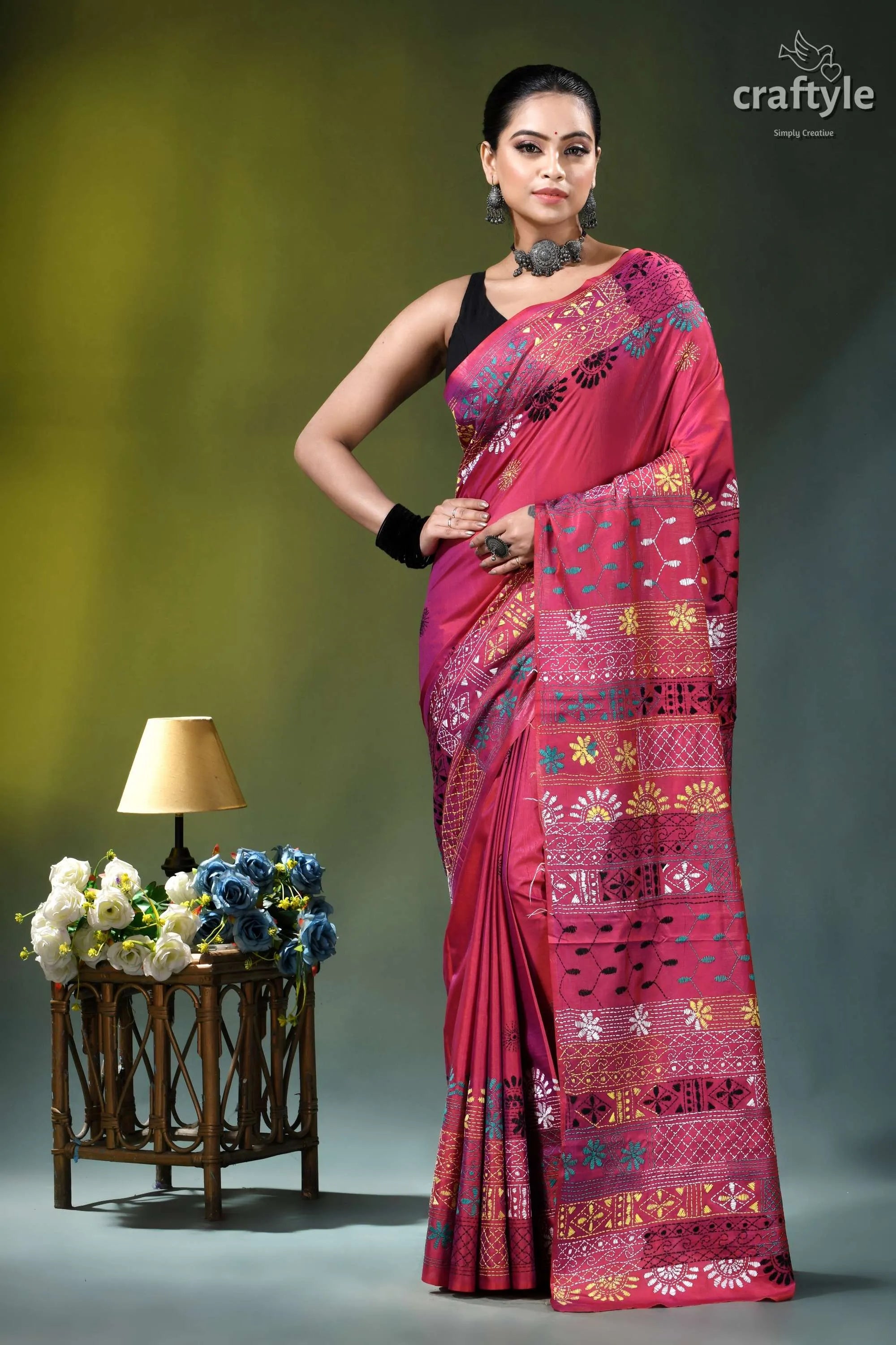Rich maroon multicolor floral design hand embroidery silk lambani saree vibrant pink saree intricate floral 6