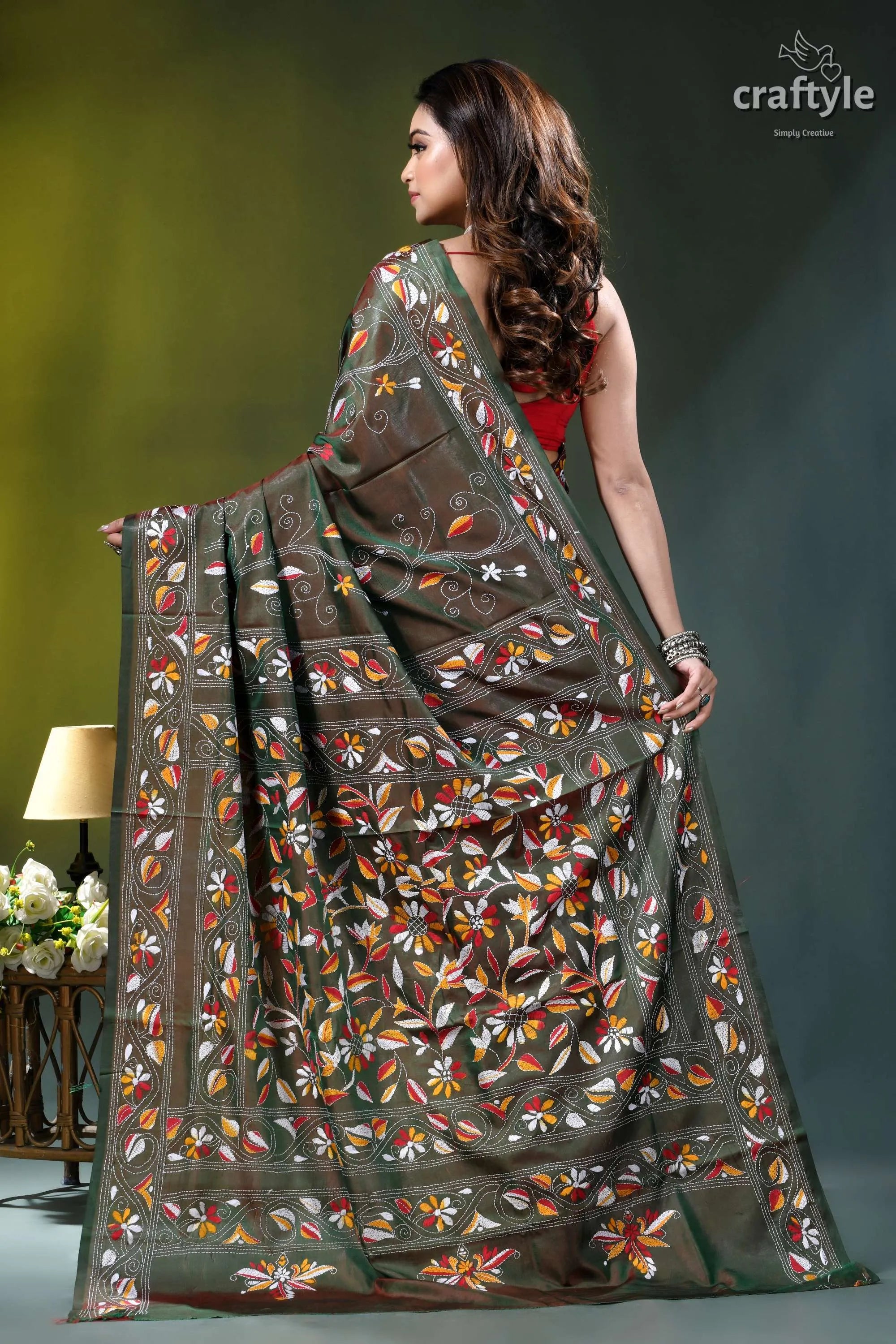 Rifle green multithread floral motif silk kantha stitch saree olive green saree intricate floral 5