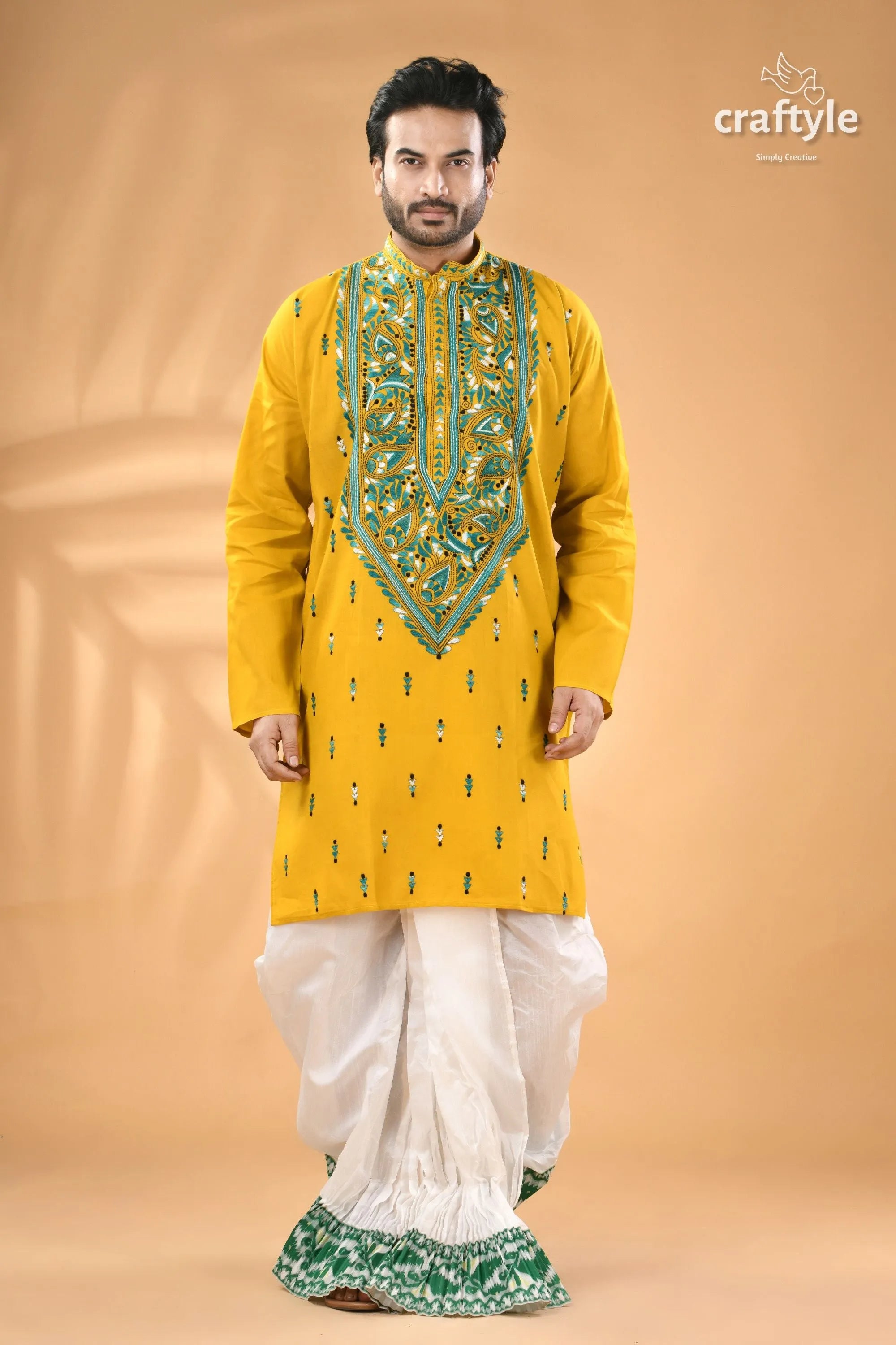 Ripe lemon yellow hand kantha stitched cotton mens kurta men’s mustard intricate 5