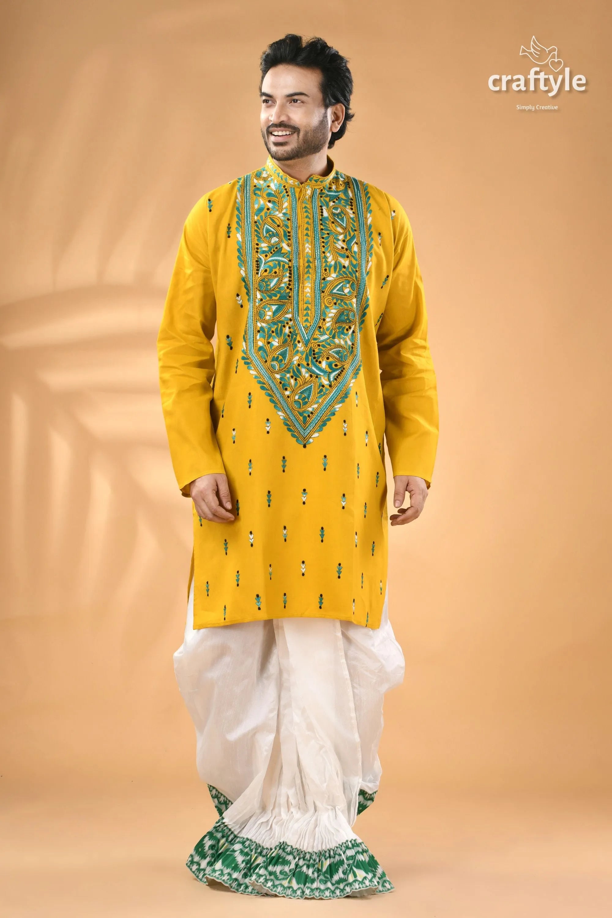 Ripe lemon yellow hand kantha stitched cotton mens kurta men’s embroidered white 1