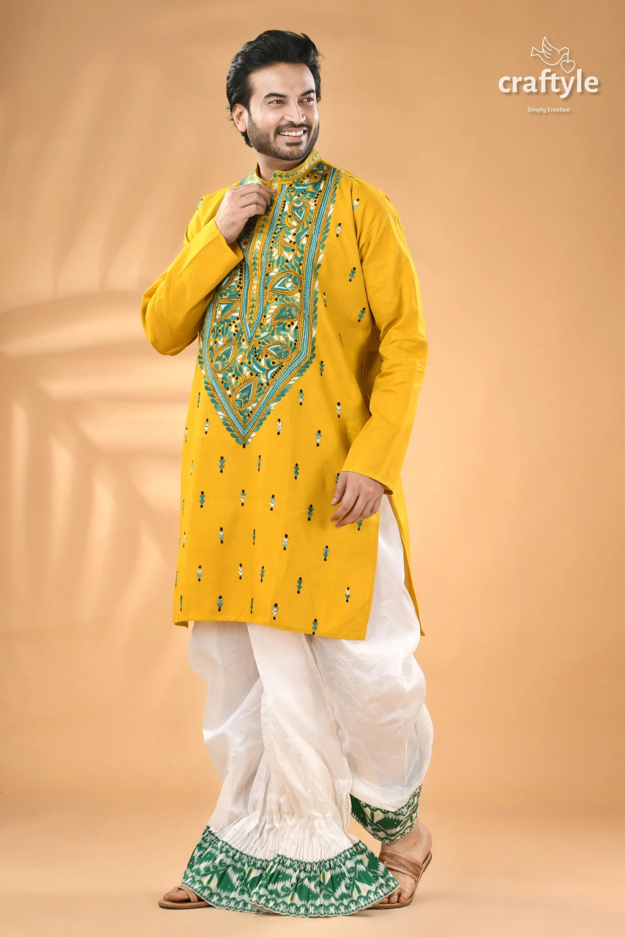 Ripe lemon yellow hand kantha stitched cotton mens kurta men’s mustard embroidered 4