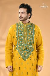 Ripe lemon yellow hand kantha stitched cotton mens kurta men’s mustard yellow kurta intricate 2