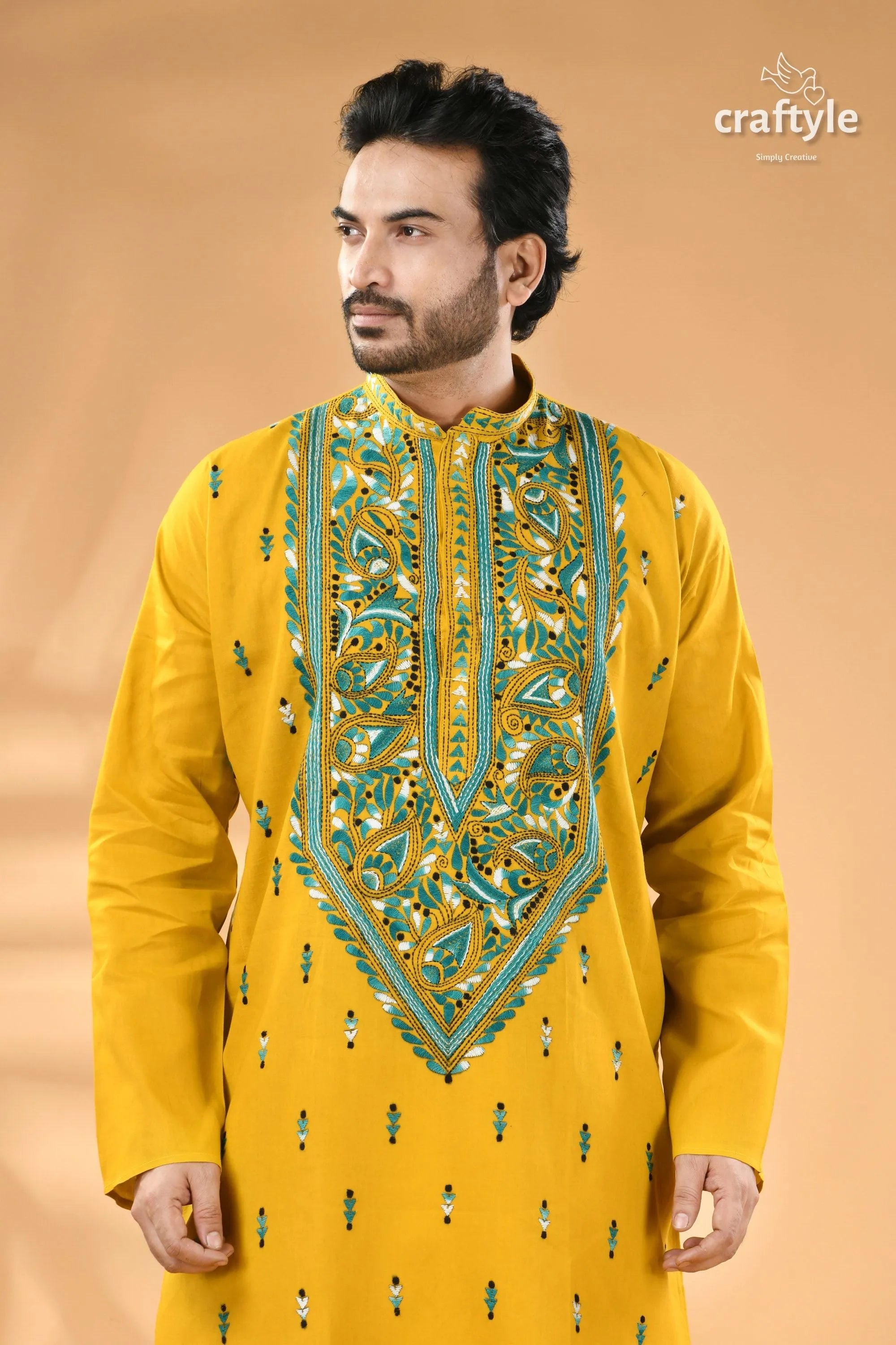 Ripe lemon yellow hand kantha stitched cotton mens kurta men’s mustard intricate 2