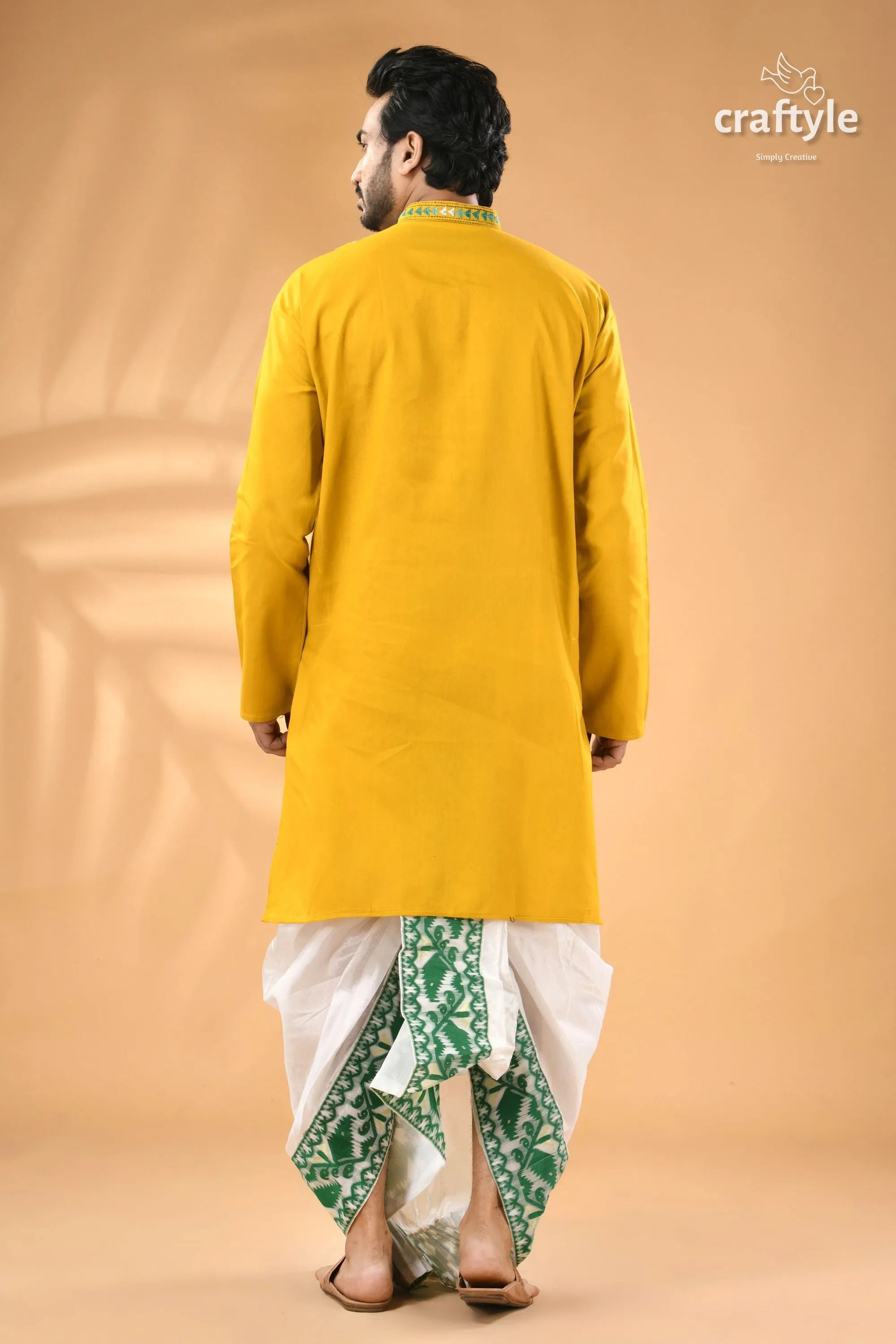 Ripe lemon yellow hand kantha stitched cotton mens kurta men’s white green 6