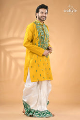 Ripe lemon yellow hand kantha stitched cotton mens kurta men’s yellow embroidered kurta white 3