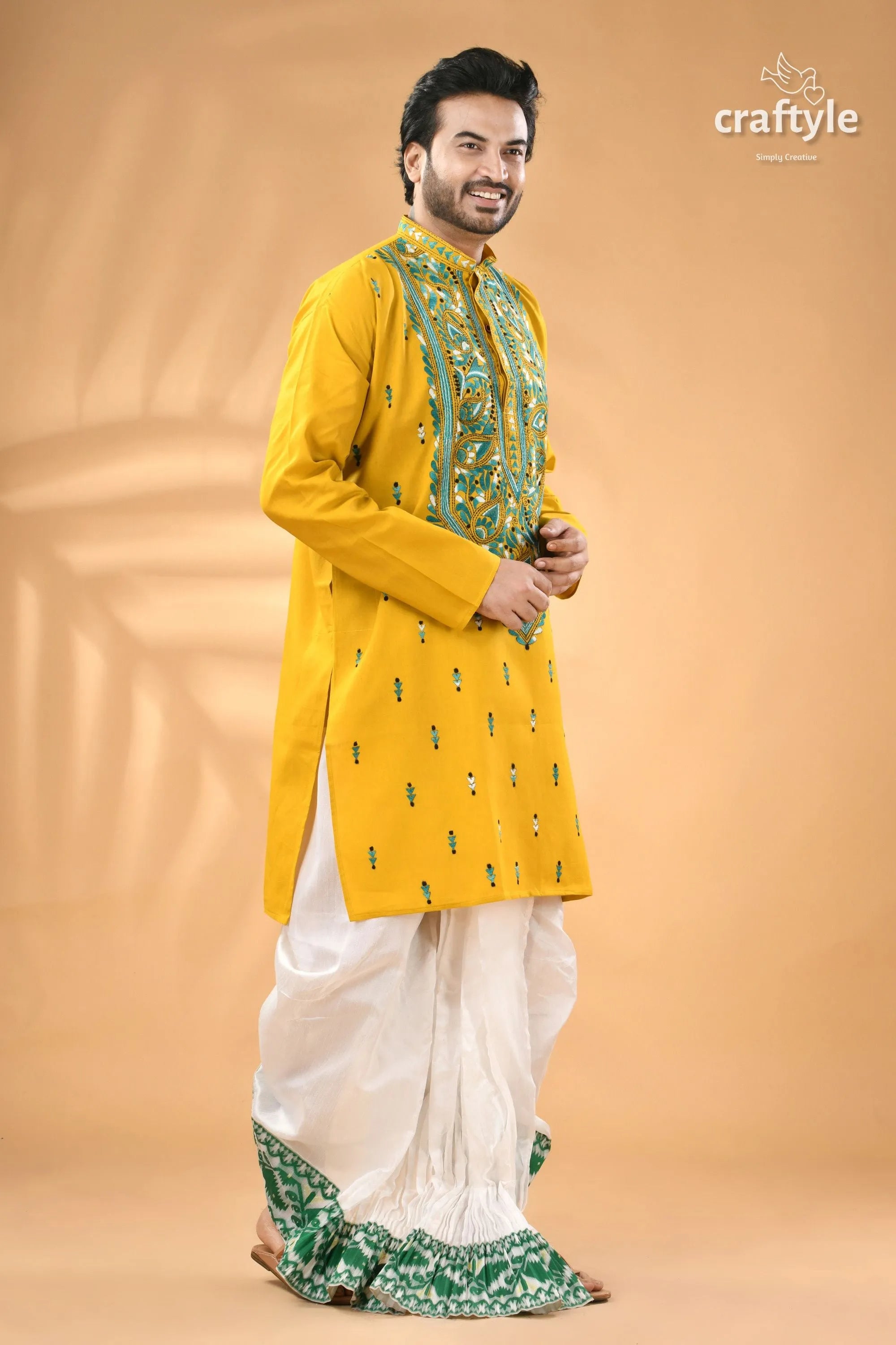 Ripe lemon yellow hand kantha stitched cotton mens kurta men’s embroidered white 3